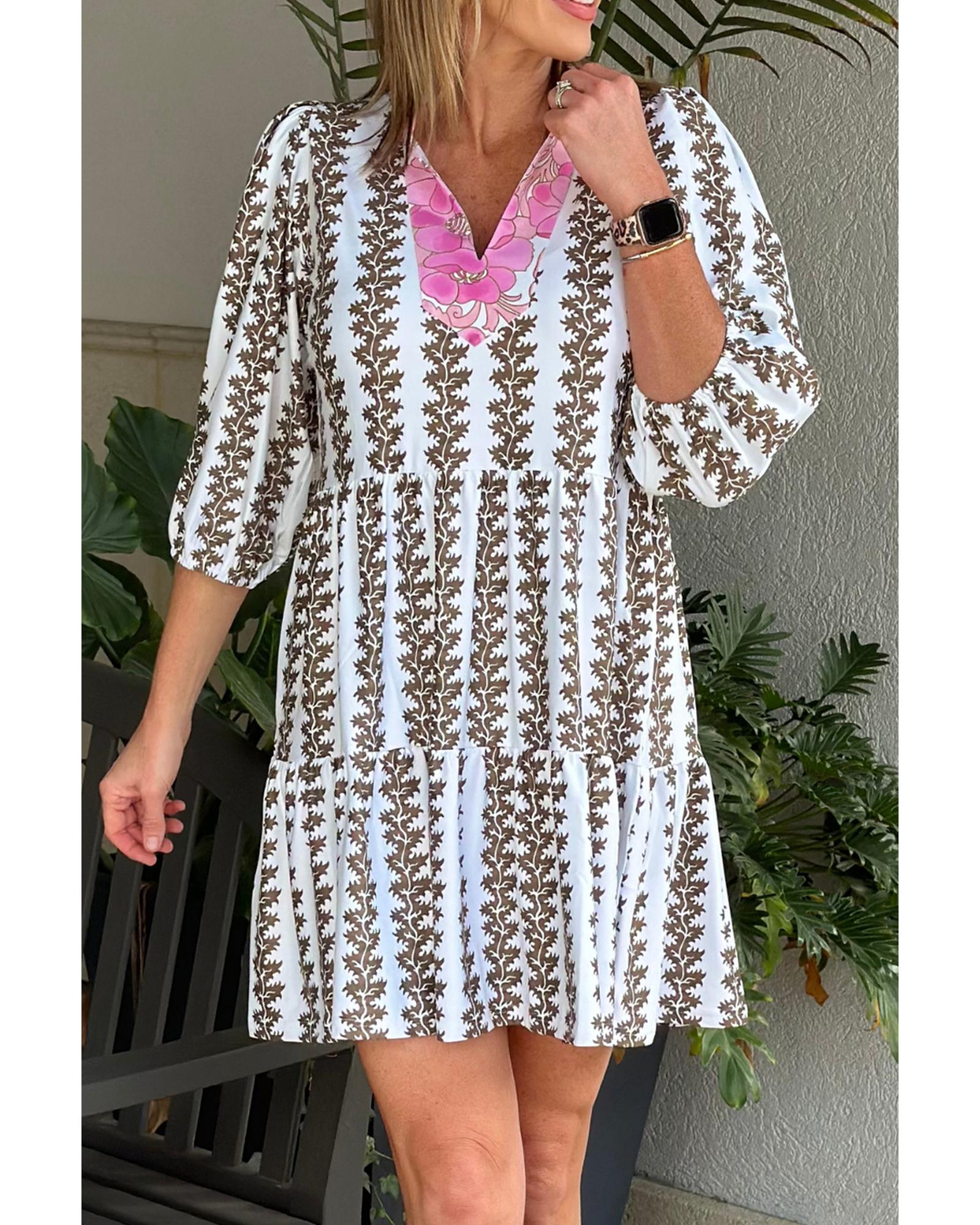 Black Contrast Floral V Neck Printed Bracelet Sleeve Dress - M