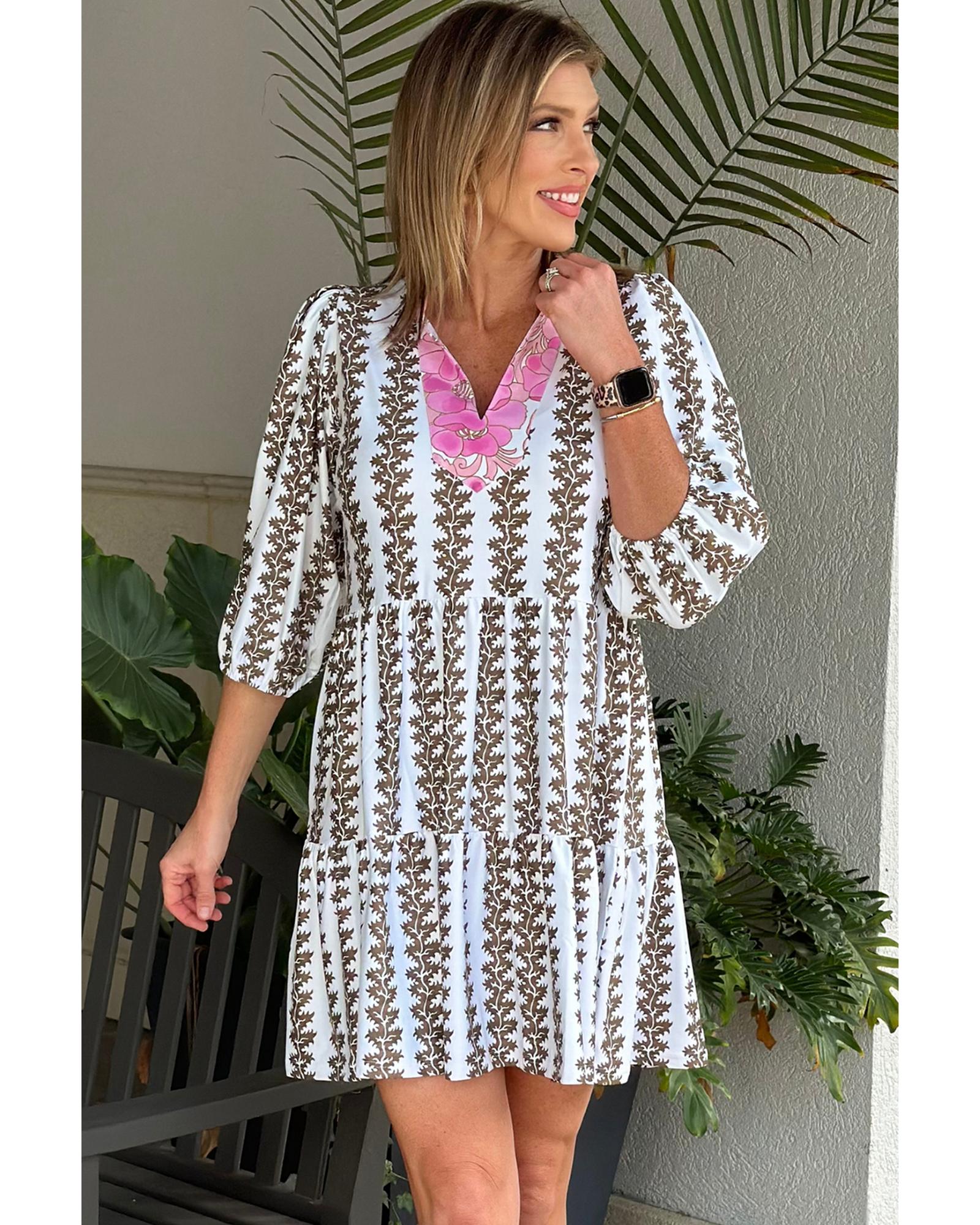 Black Contrast Floral V Neck Printed Bracelet Sleeve Dress - XL