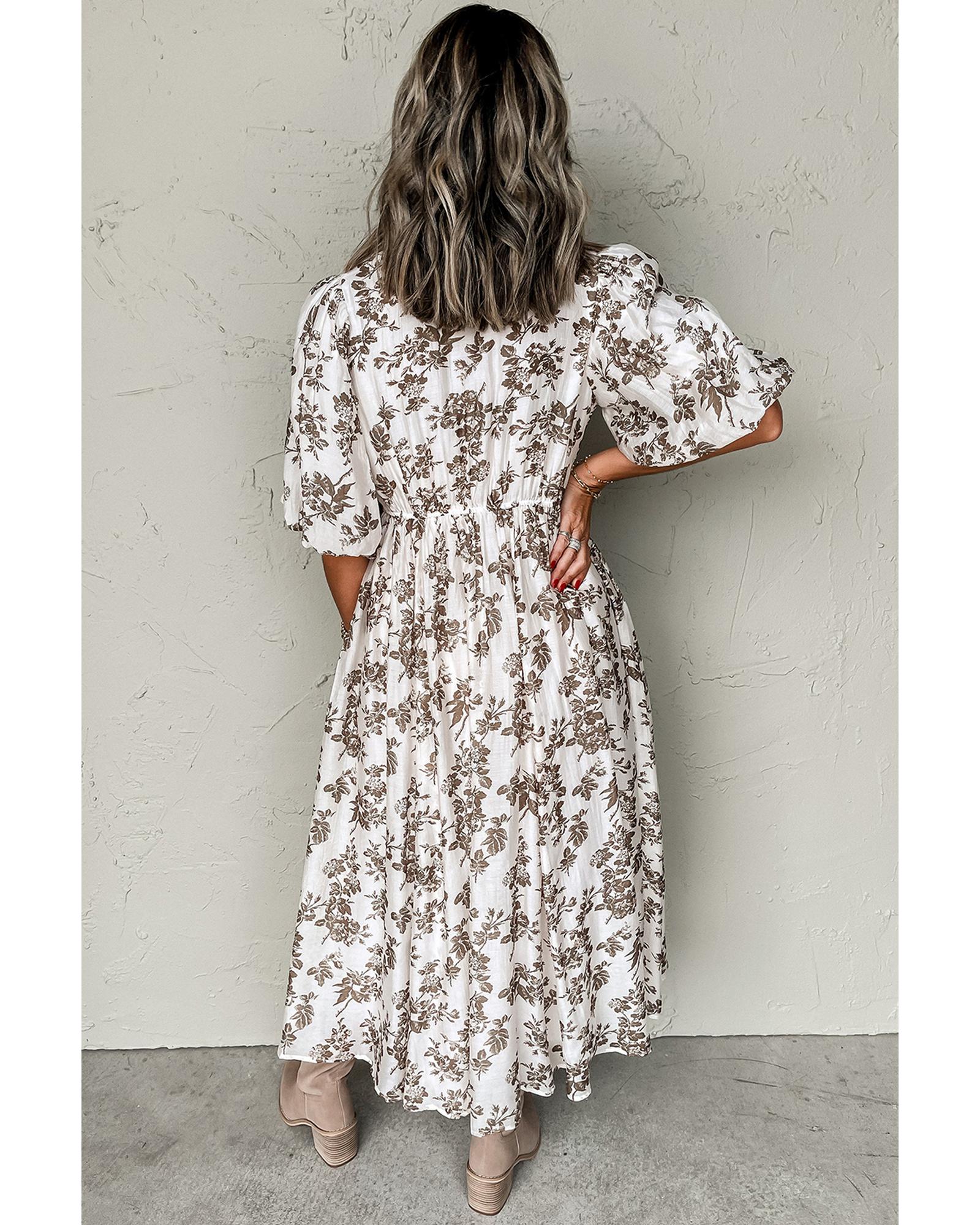 Khaki Floral Puff Sleeve V Neck Buttoned Front Maxi Dress - L