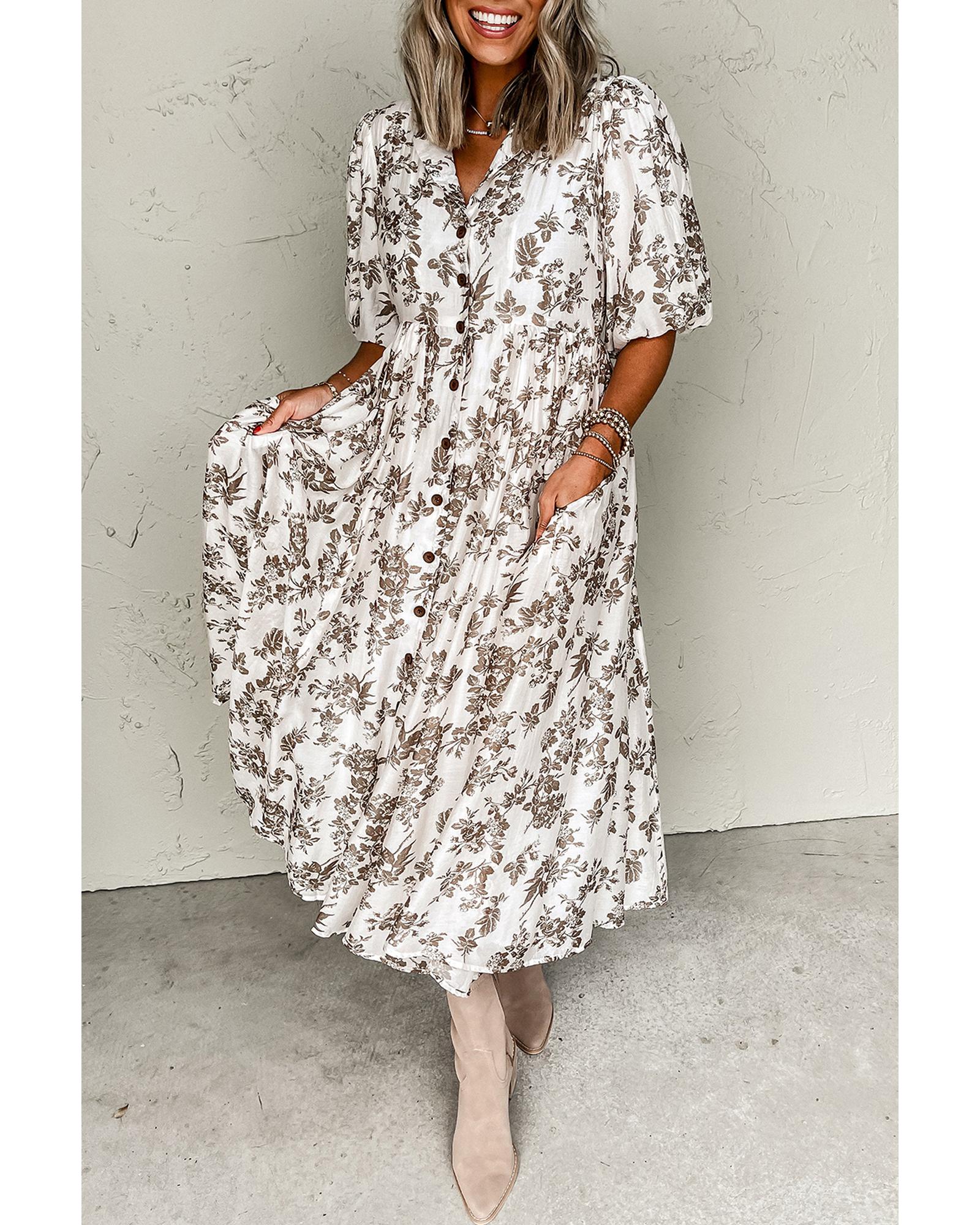 Khaki Floral Puff Sleeve V Neck Buttoned Front Maxi Dress - S