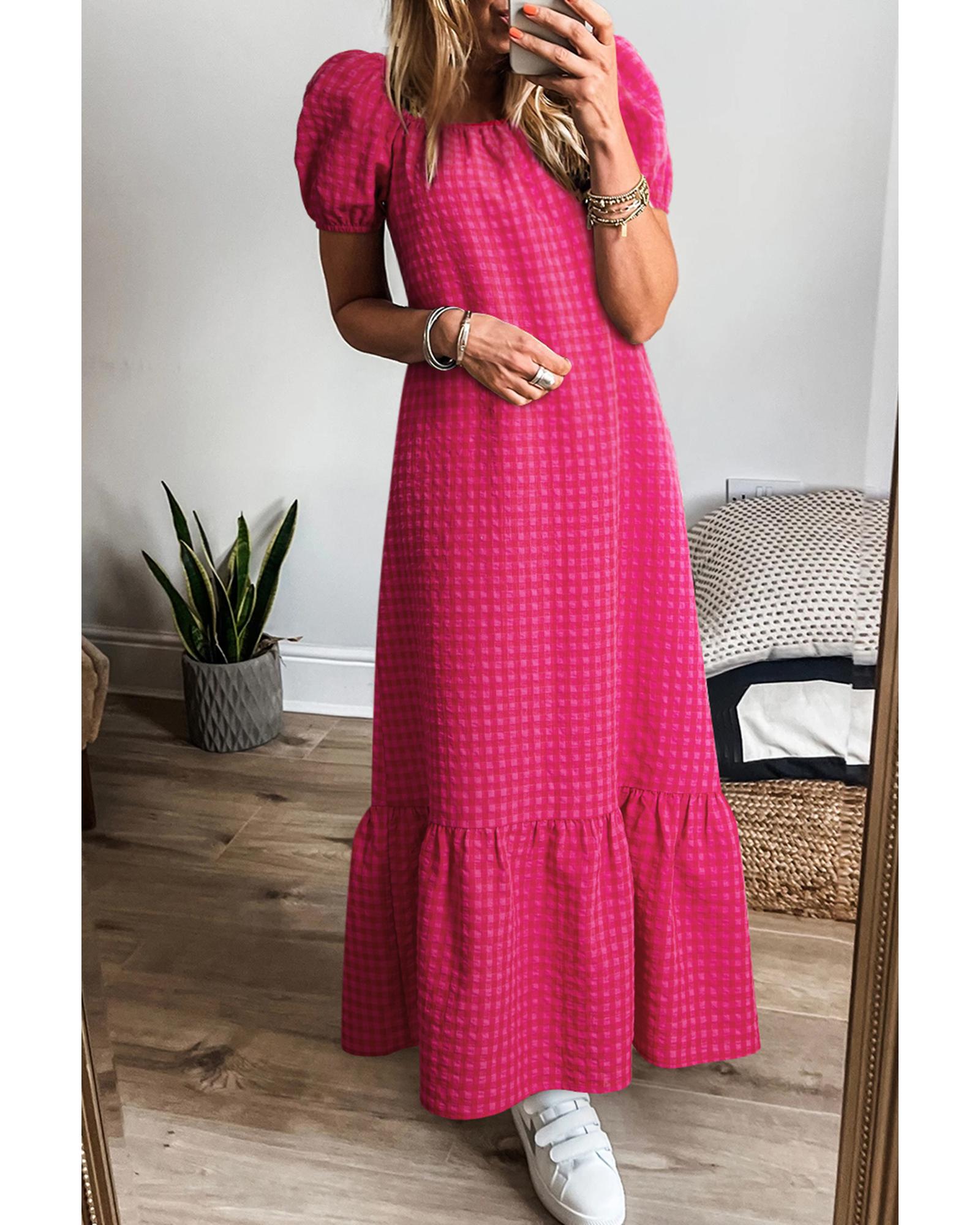 Rose Ginham Check Bubble Sleeve Ruffled Maxi Dress - L