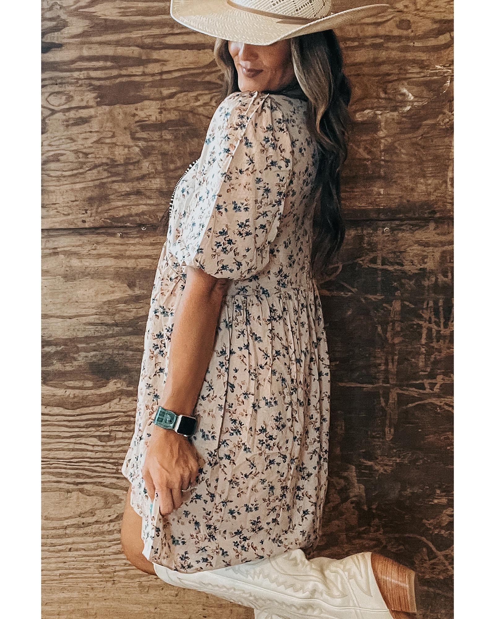 Beige Floral Puff Short Sleeve Empire Waist Mini Dress - L