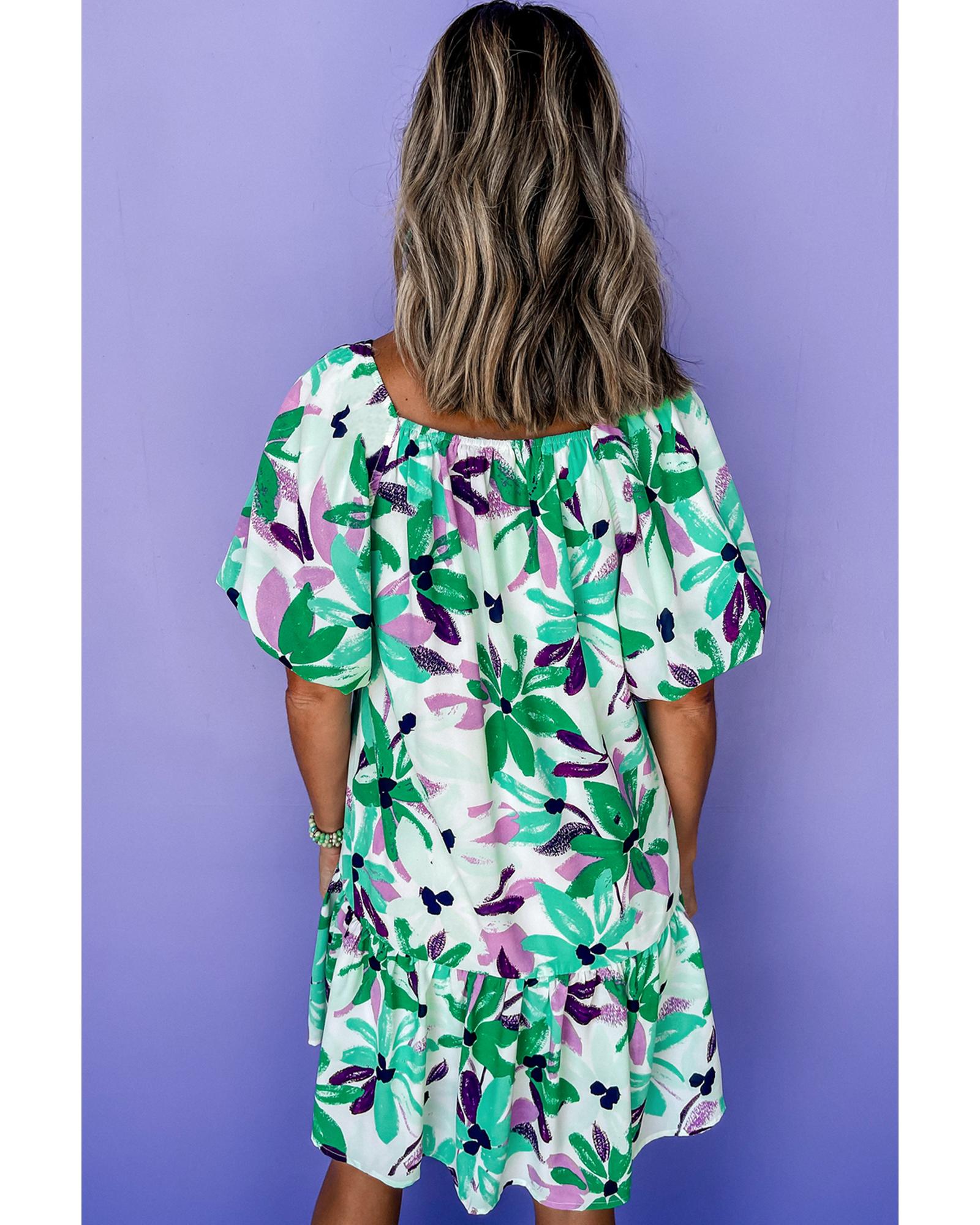 Green Floral Print Shirred Square Neck Loose Fit Mini Dress - XL