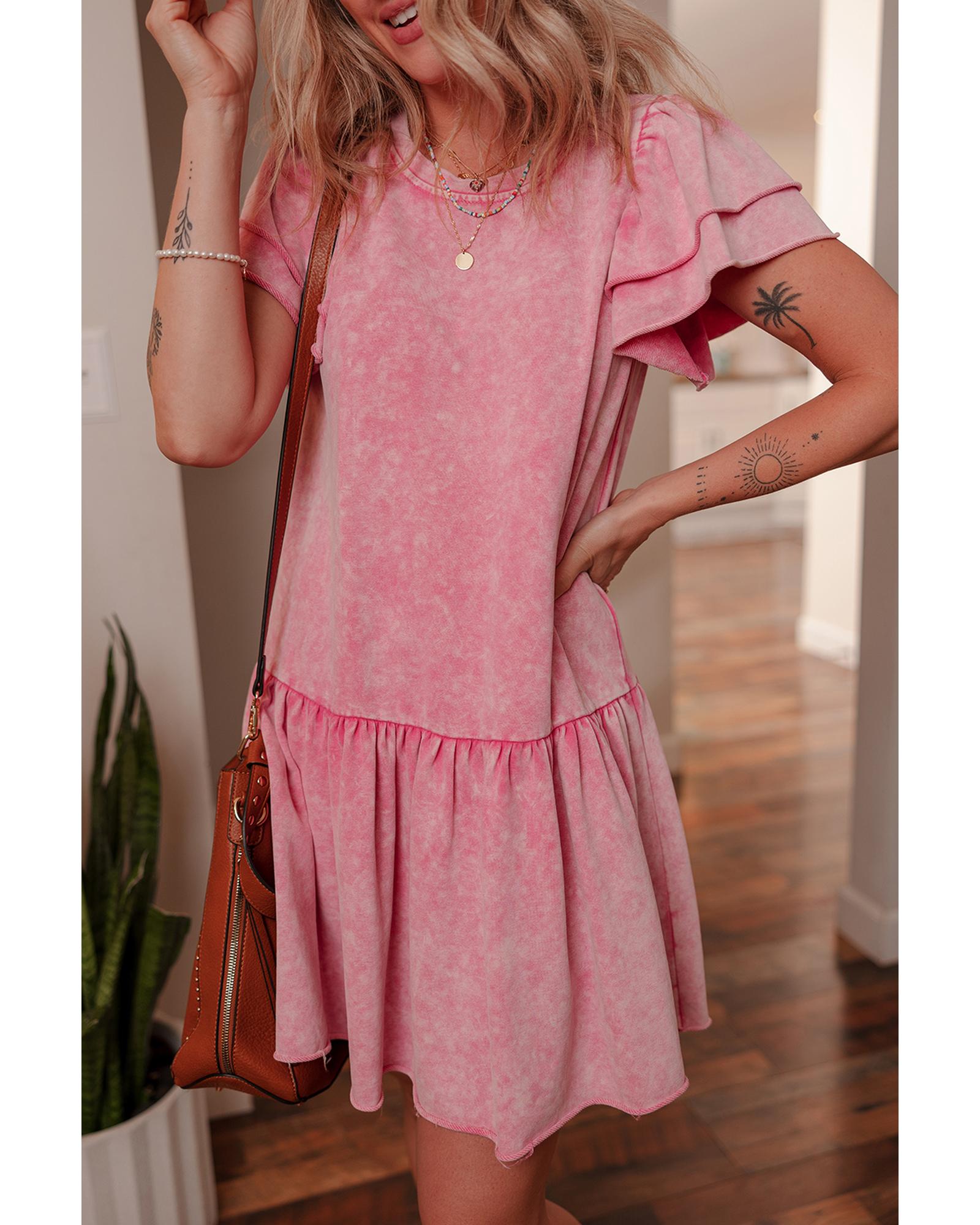 Sachet Pink Mineral Wash Raw Edge Ruffle Mini Dress - L