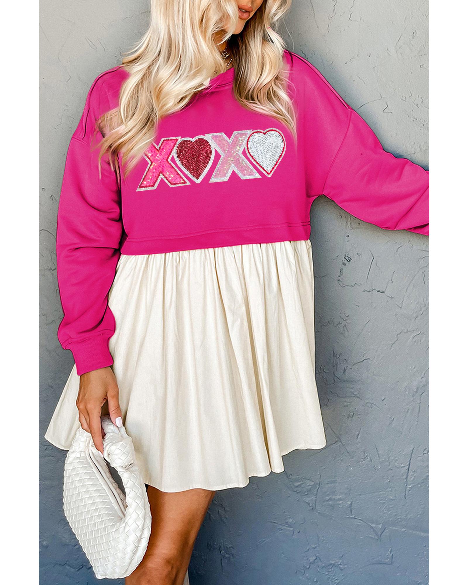 Rose Red Sequin Heart XOXO Graphic Colorblock Patchwork Hem Sweatshirt Dress - M