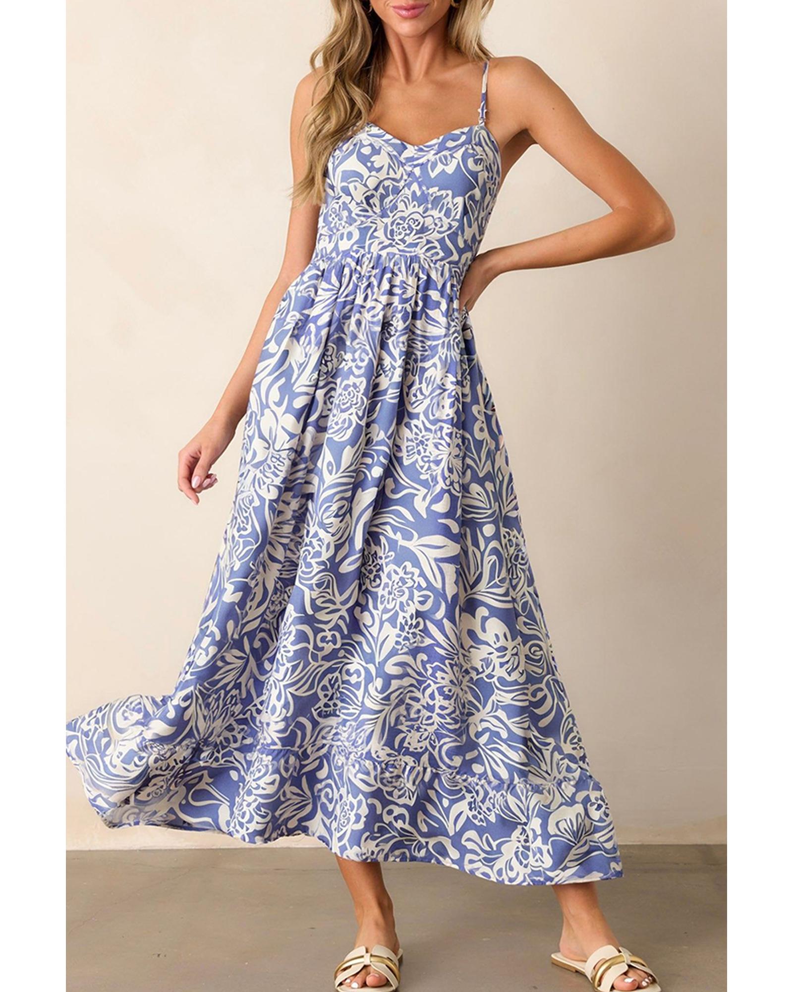 Sky Blue Floral Print Spaghetti Strap High Waist Maxi Dress - M
