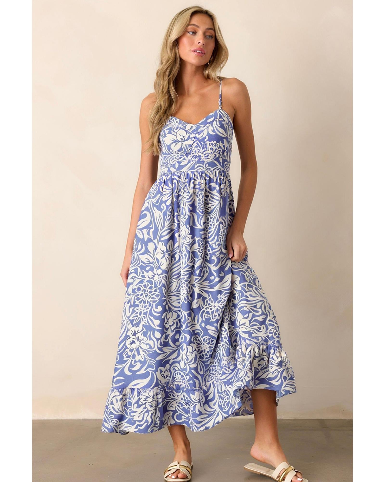 Sky Blue Floral Print Spaghetti Strap High Waist Maxi Dress - M