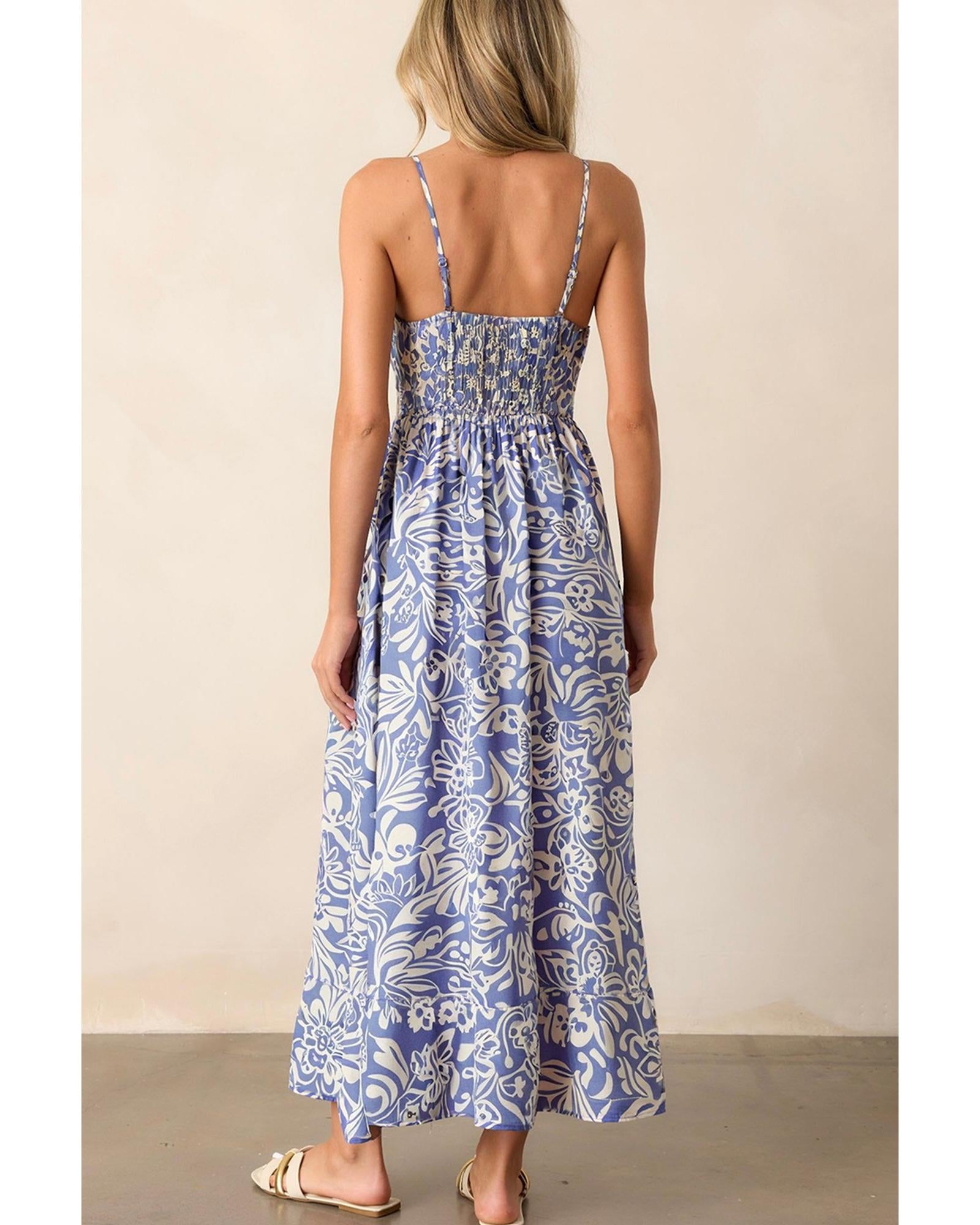 Sky Blue Floral Print Spaghetti Strap High Waist Maxi Dress - S
