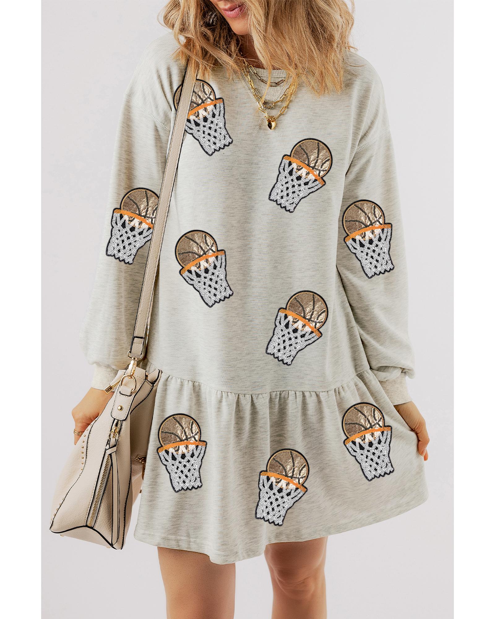 White Sequined Basketball Patched Ruffled Long Sleeve Mini Dress - L