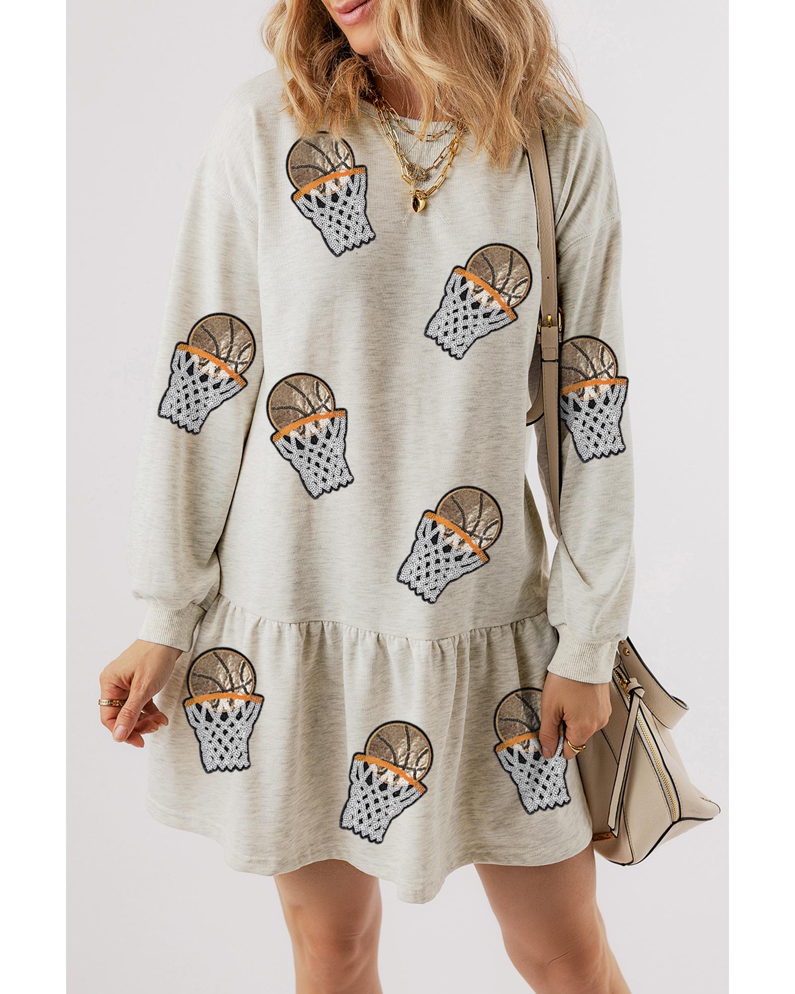 White Sequined Basketball Patched Ruffled Long Sleeve Mini Dress - XL