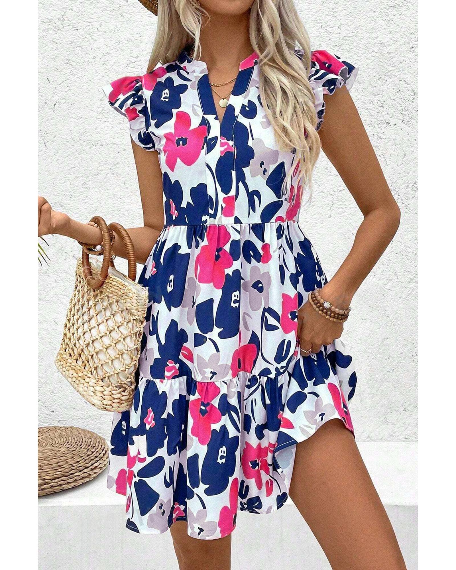 Fashion Floral Print Notched Neck Flutter Sleeve Mini Dress - M