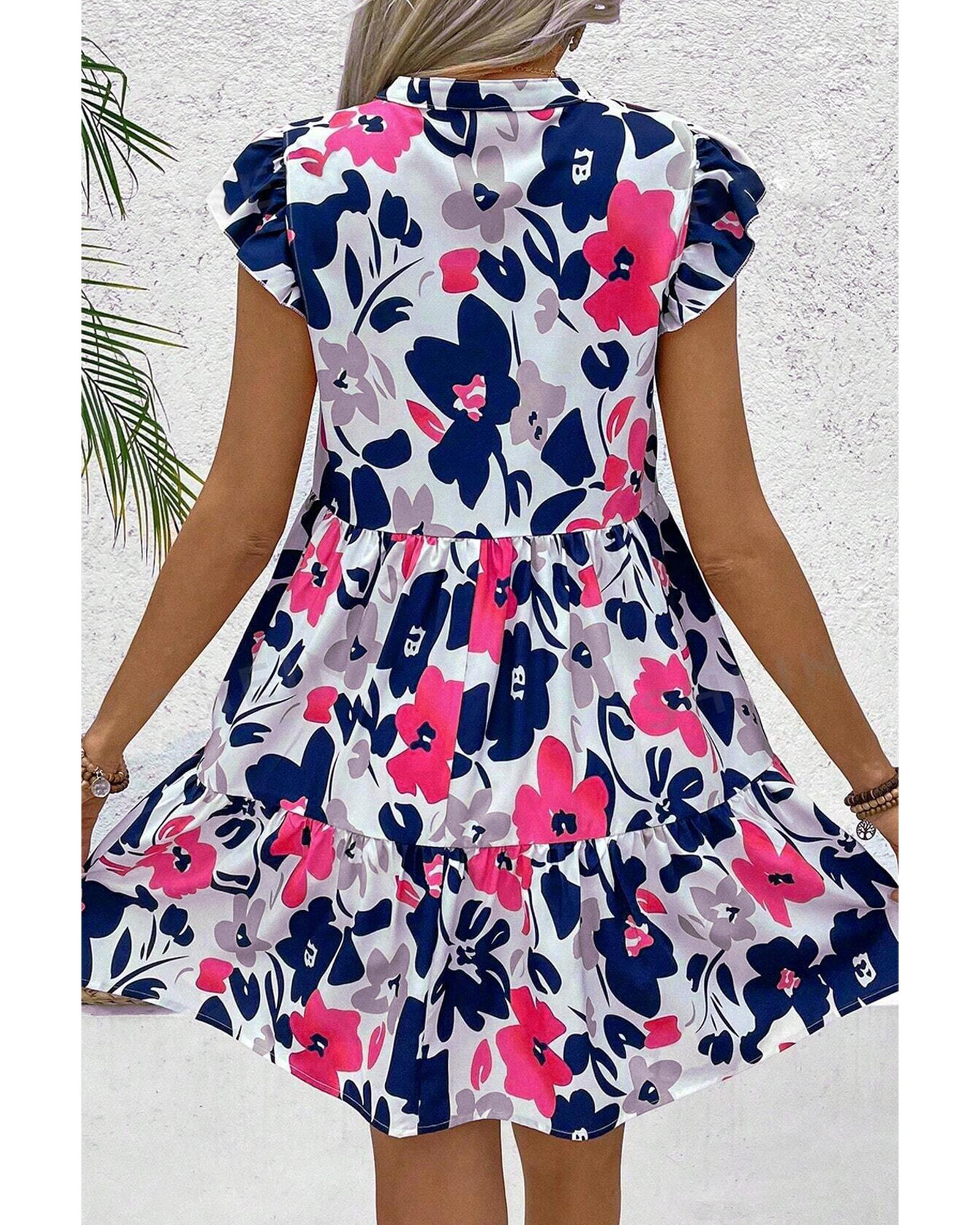 Fashion Floral Print Notched Neck Flutter Sleeve Mini Dress - M