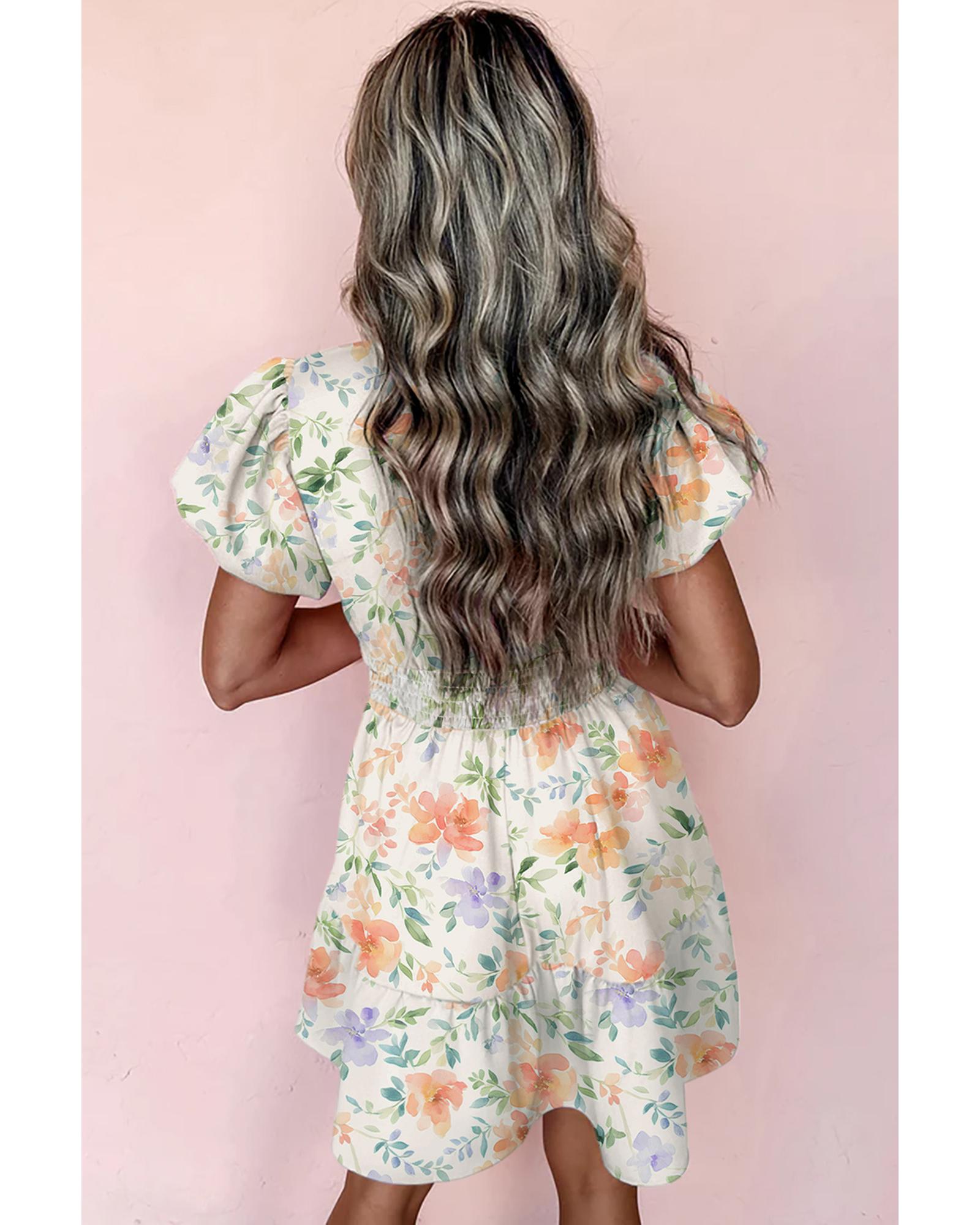 Beige Floral Print Shirred High Waist Puff Sleeve Mini Dress - S