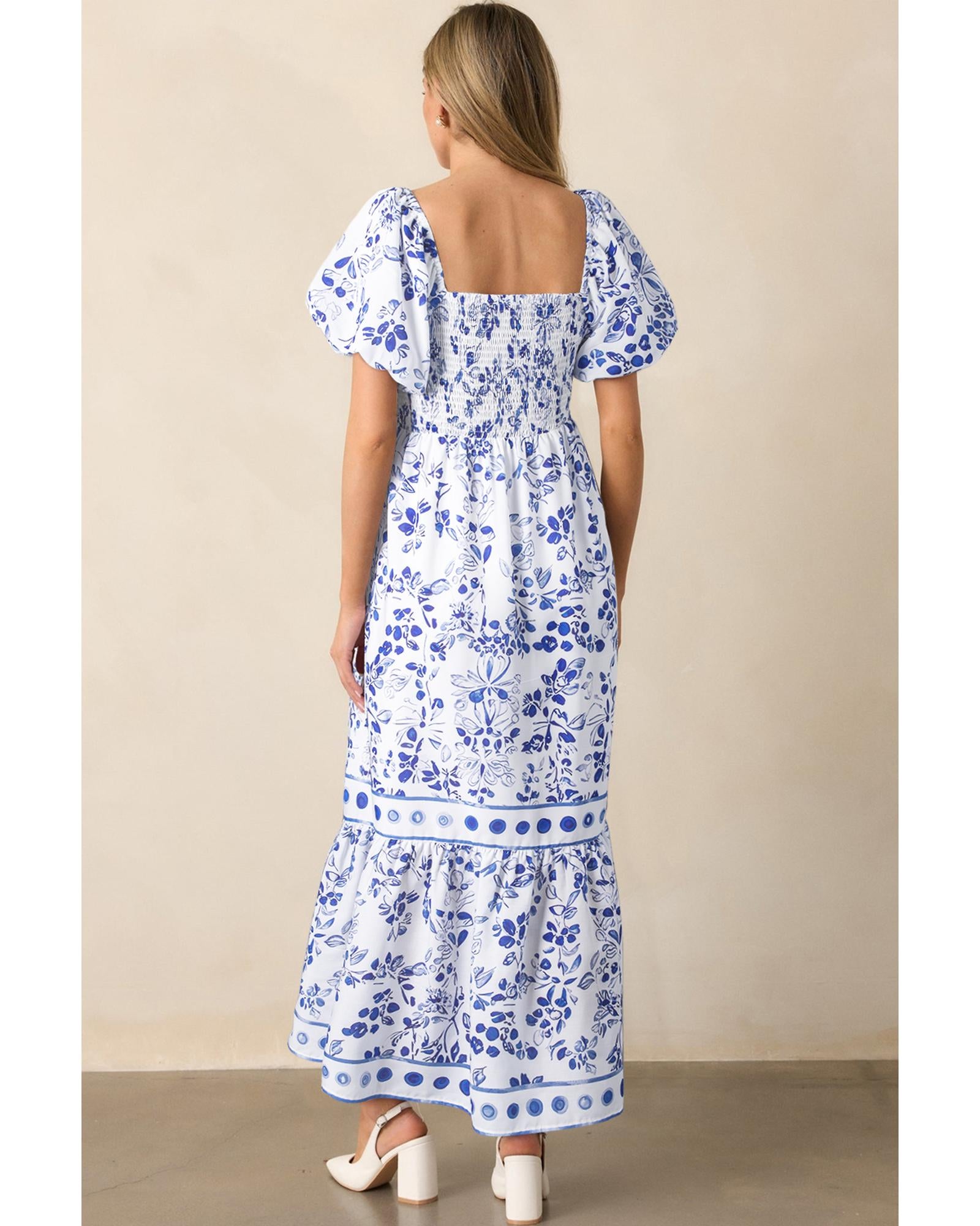 Sky Blue Floral Print Square Neck Bubble Sleeve High Waist Maxi Dress - L