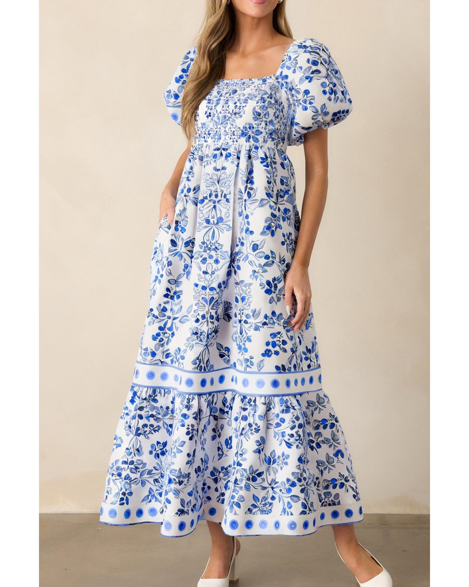 Sky Blue Floral Print Square Neck Bubble Sleeve High Waist Maxi Dress - XL