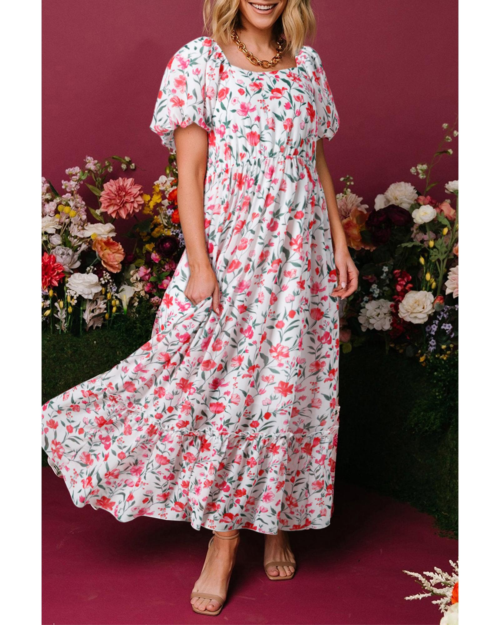 Pink Floral Puff Sleeve Square Neck Empire Waist Tiered Maxi Dress - M
