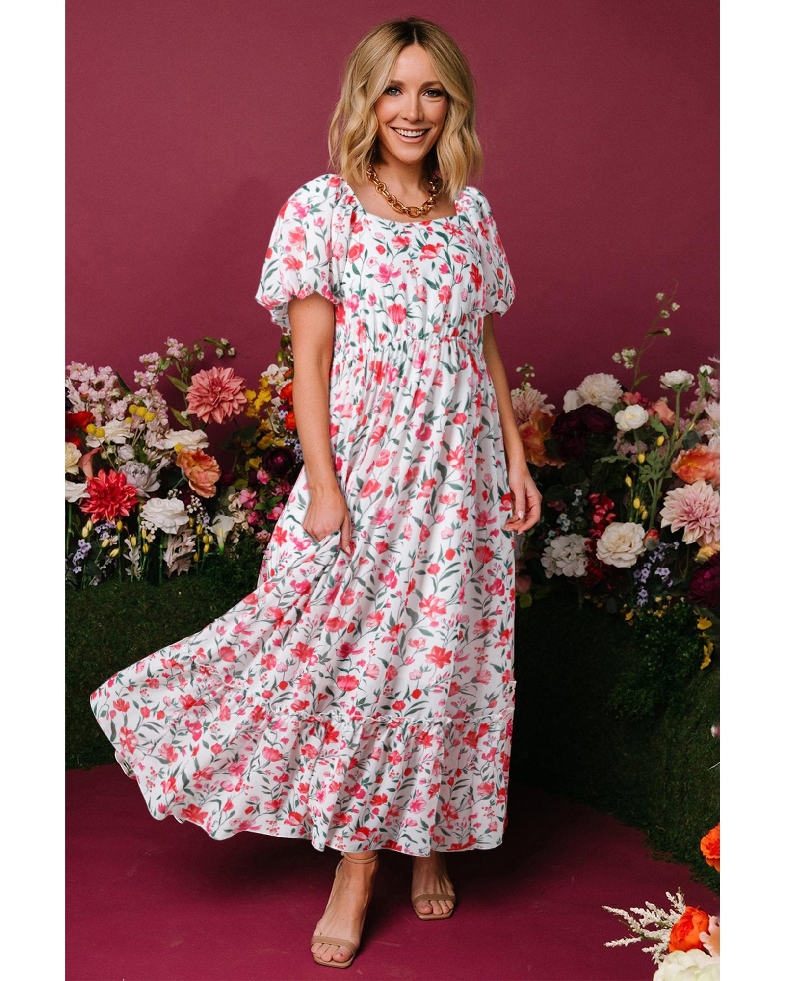 Pink Floral Puff Sleeve Square Neck Empire Waist Tiered Maxi Dress - S