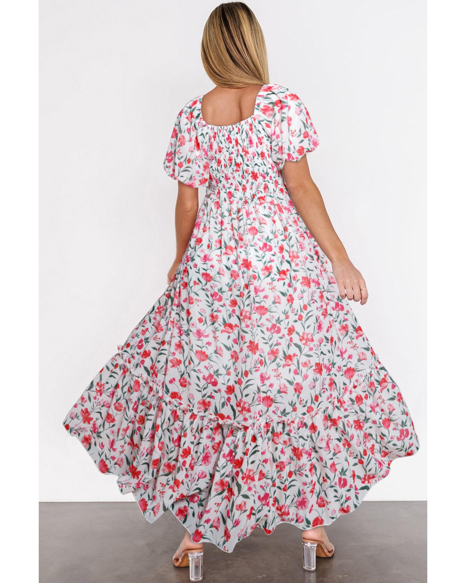 Pink Floral Puff Sleeve Square Neck Empire Waist Tiered Maxi Dress - XL