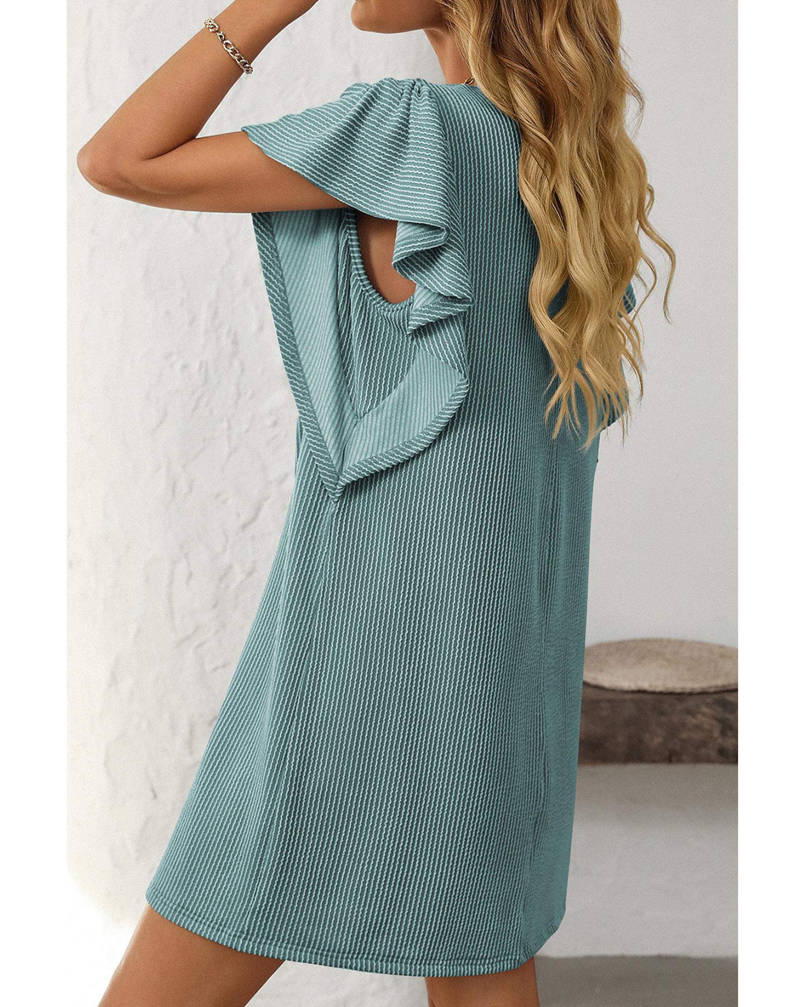 Canton Corded Ruffle Sleeve Crew Neck Shift Dress - S