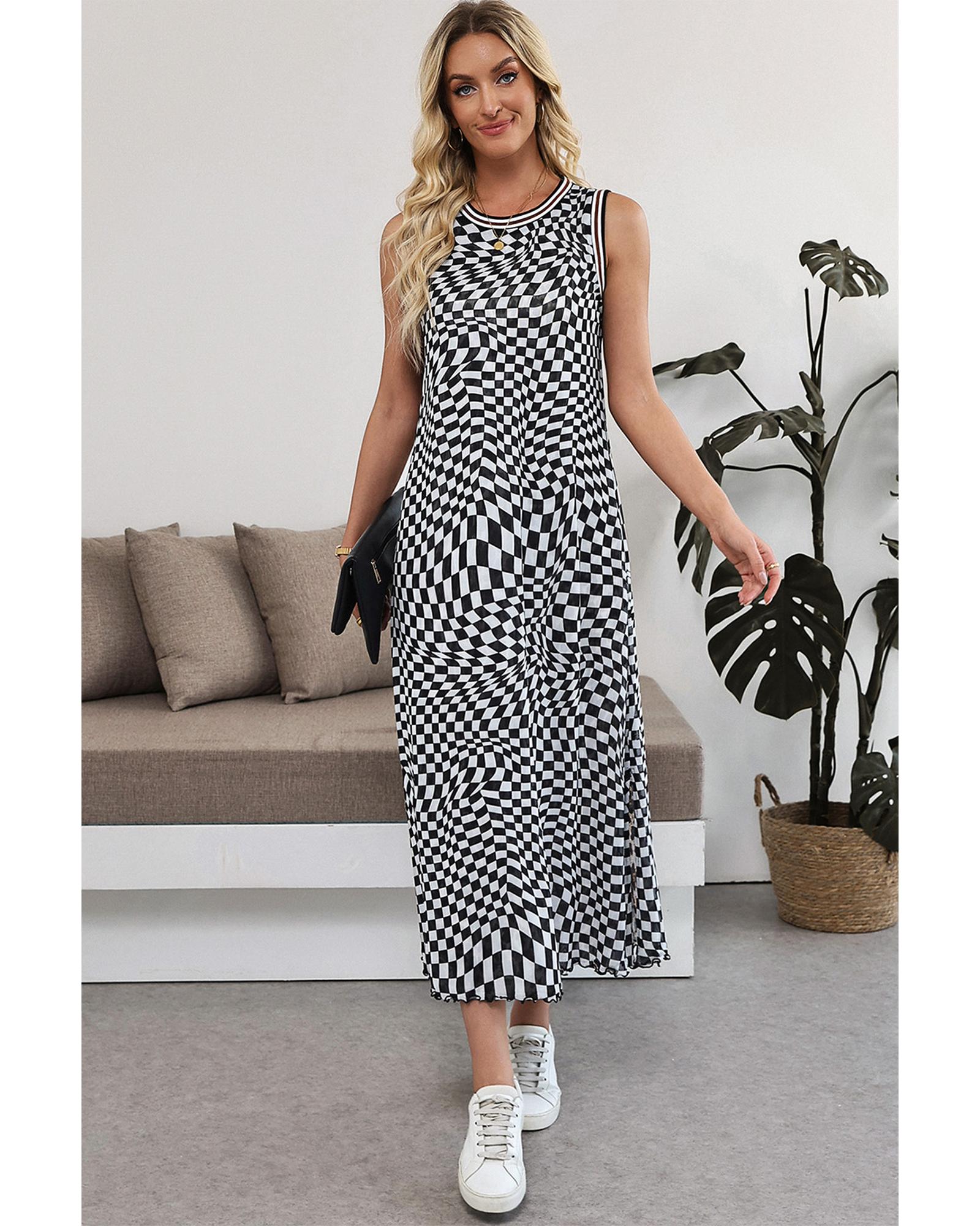 Multicolour Leopard Checkered Double Printed Reversible Sleeveless Long Dress - L