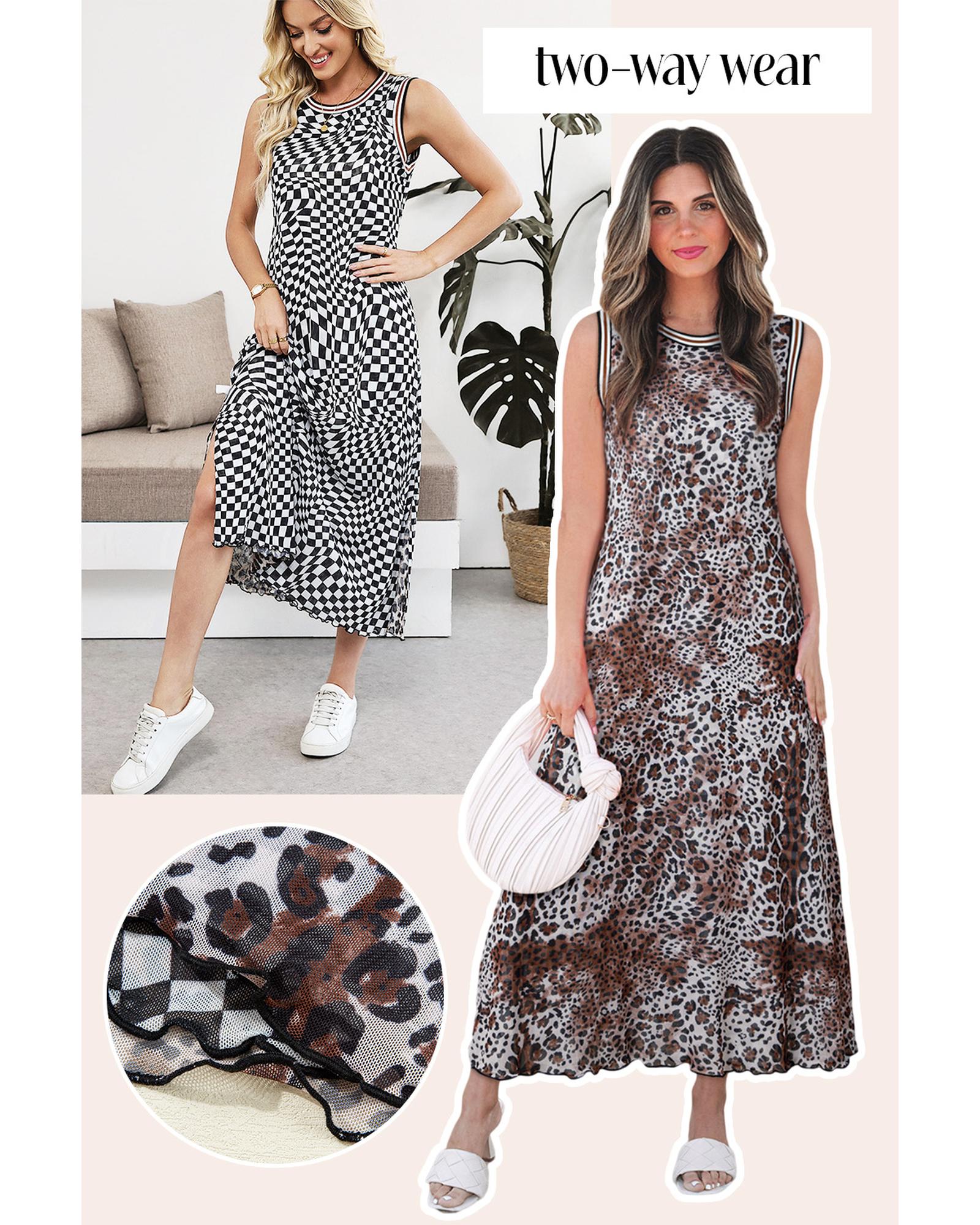 Multicolour Leopard Checkered Double Printed Reversible Sleeveless Long Dress - M