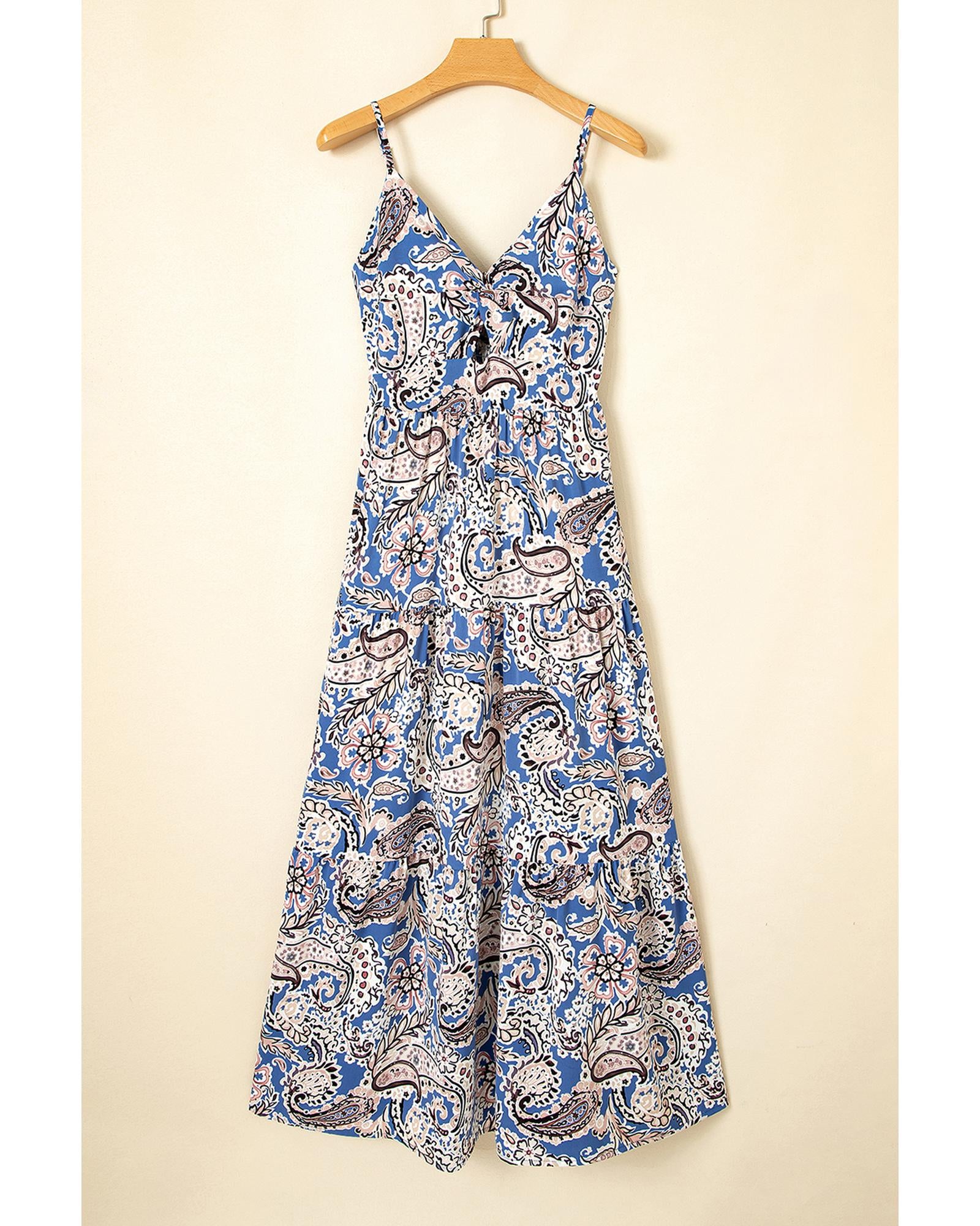 Blue Paisley Print Twist Detail Smocked Back Spaghetti Straps Long Dress - L