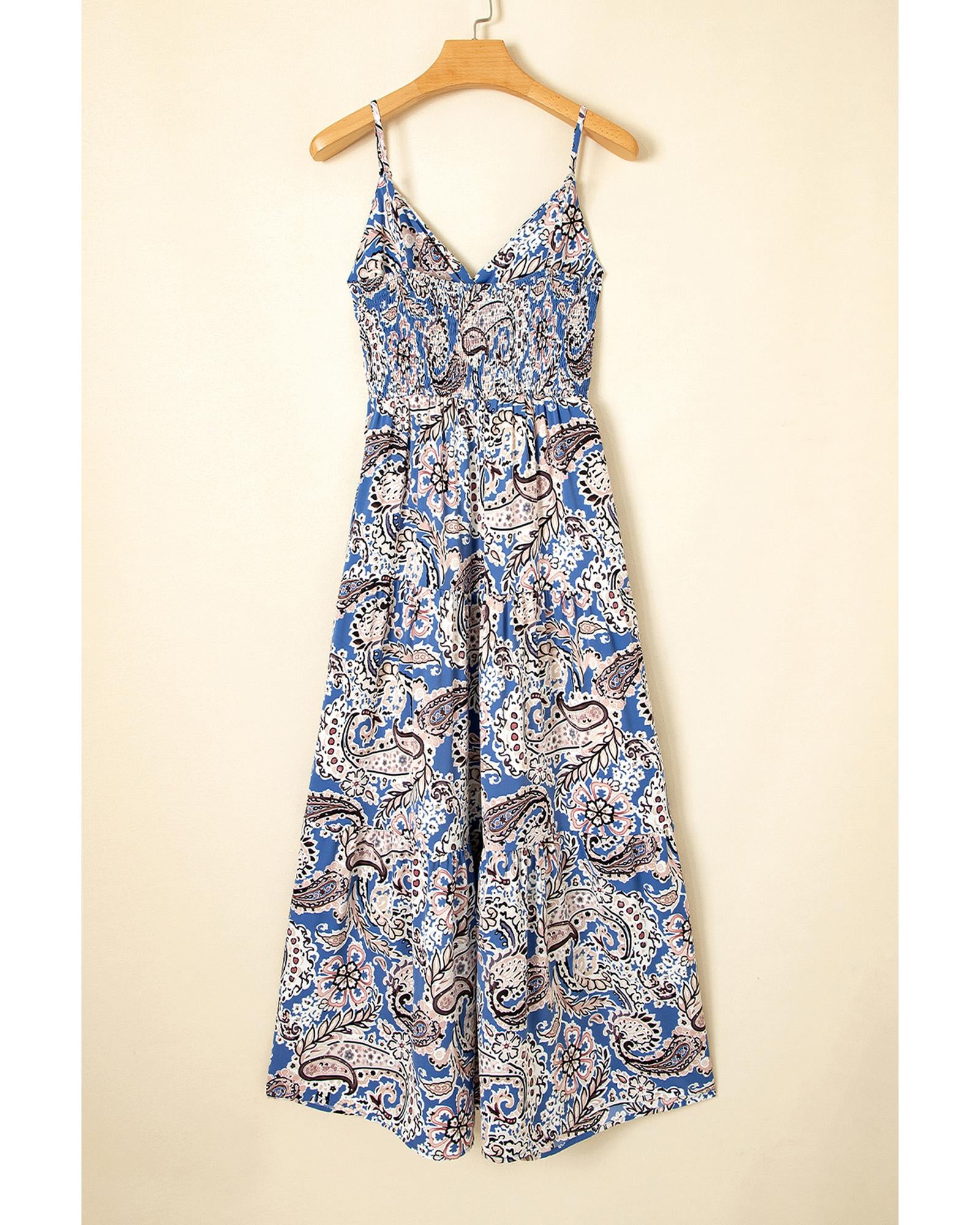 Blue Paisley Print Twist Detail Smocked Back Spaghetti Straps Long Dress - L