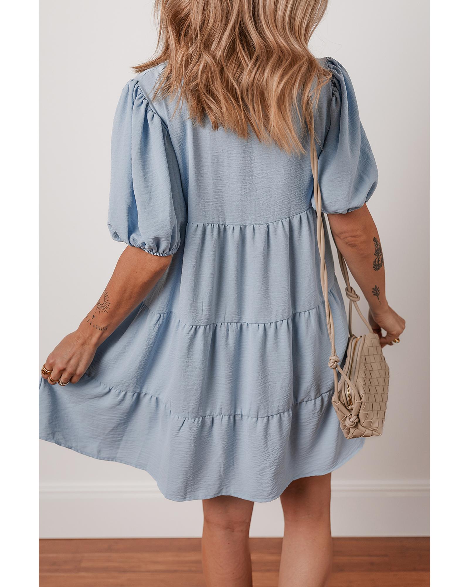 Beau Blue Shirt Collar Button Up Short Puff Sleeve Tiered Shift Dress - L