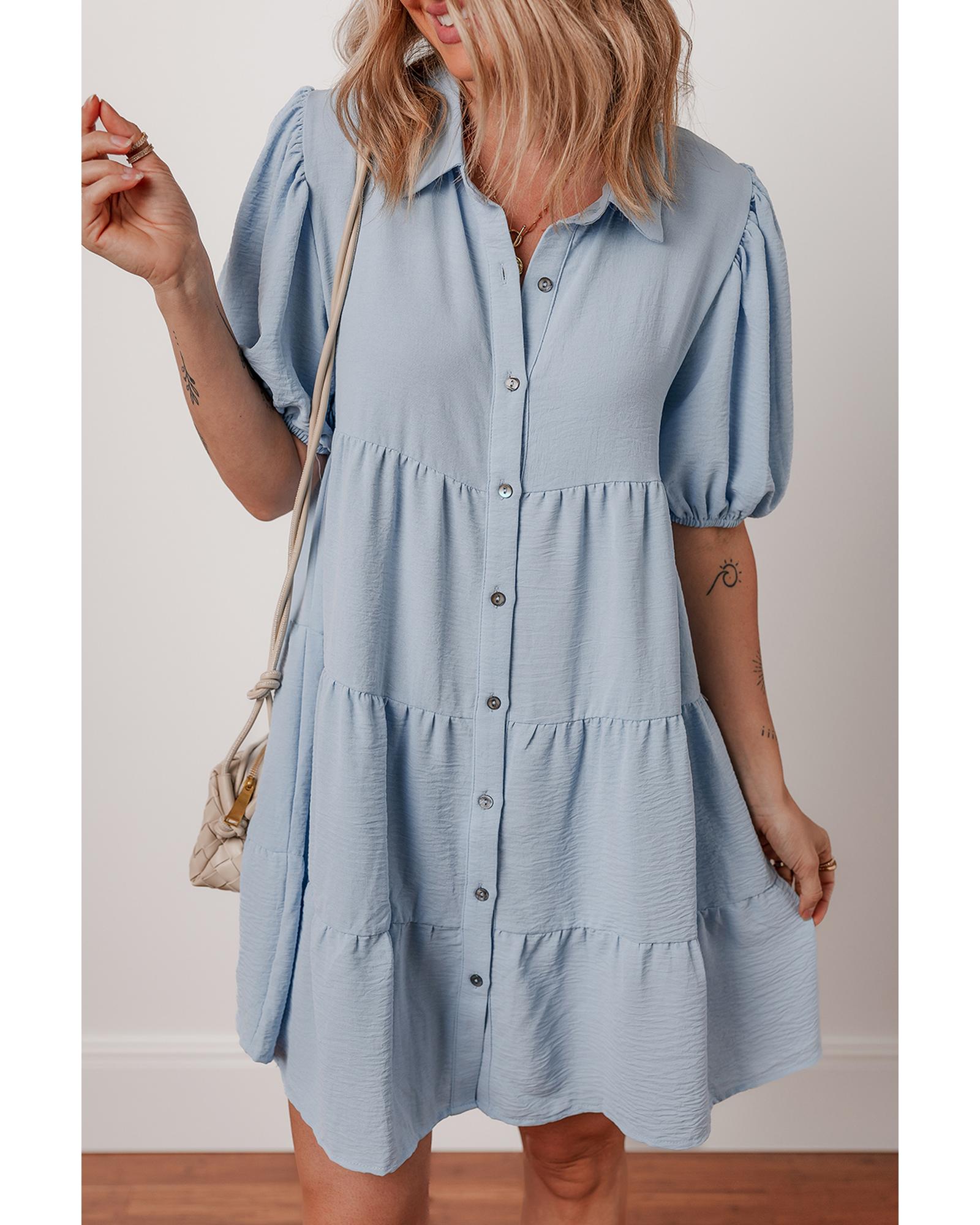 Beau Blue Shirt Collar Button Up Short Puff Sleeve Tiered Shift Dress - M