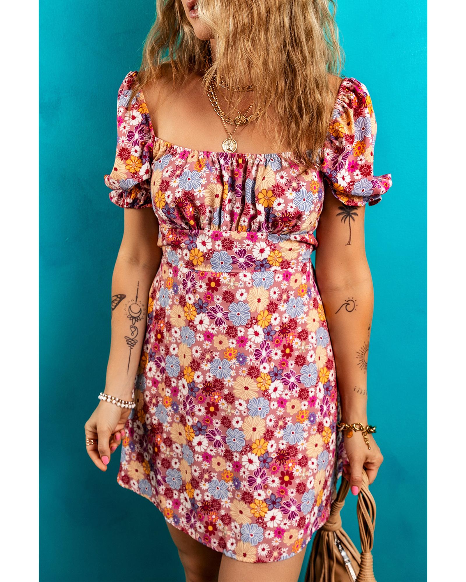 Red Floral Puff Sleeve Square Neck Knot Open Back Mini Dress - L