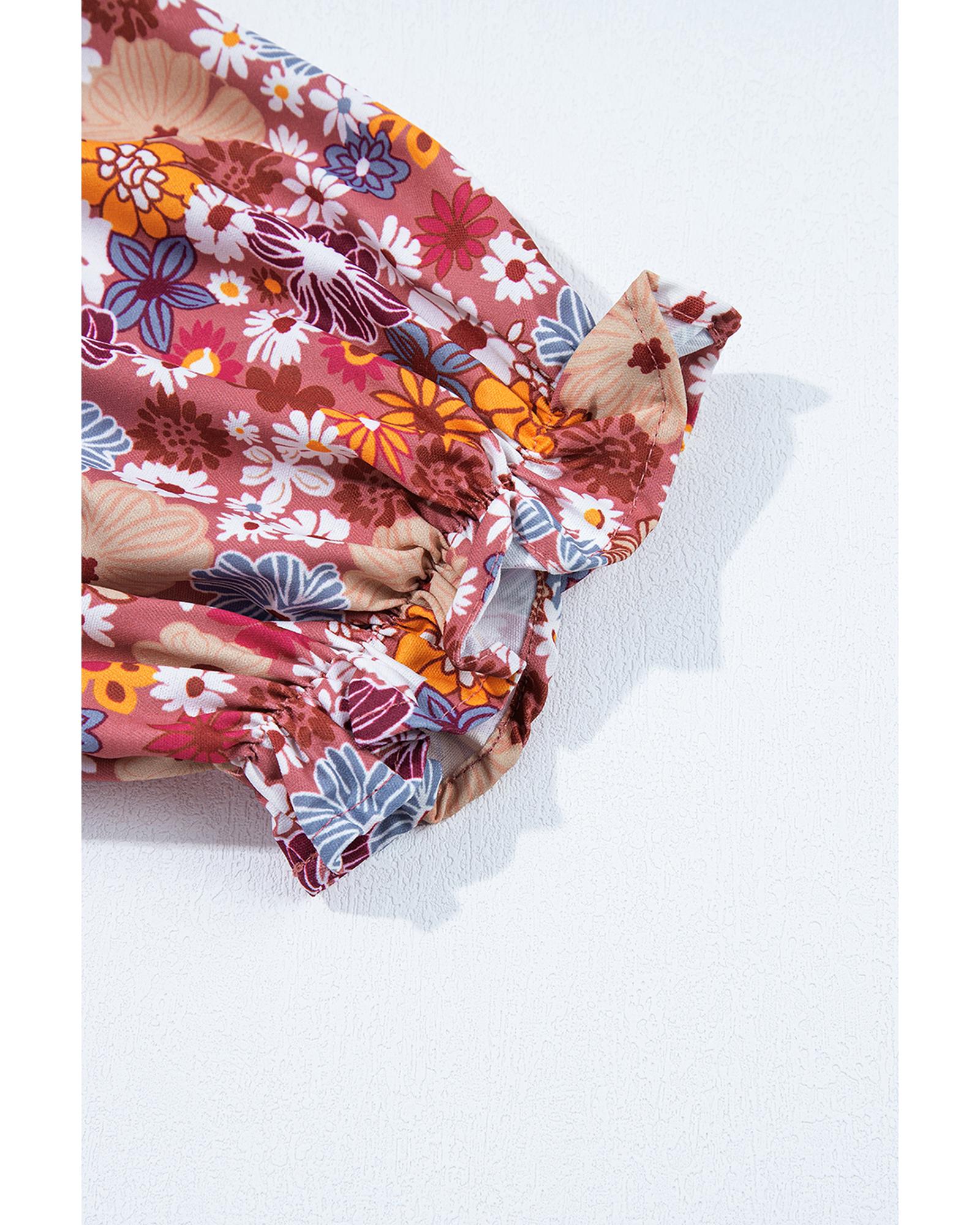 Red Floral Puff Sleeve Square Neck Knot Open Back Mini Dress - L