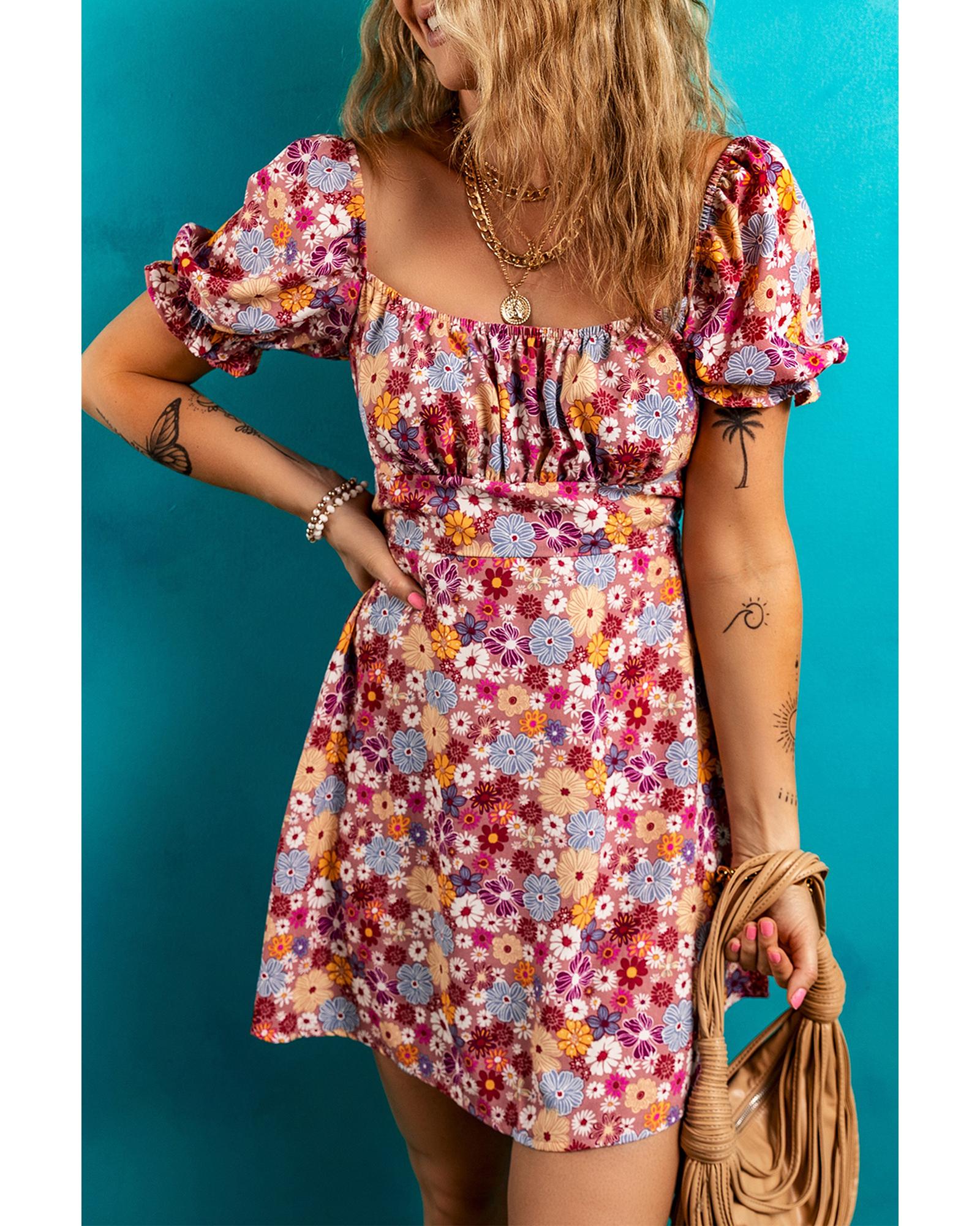 Red Floral Puff Sleeve Square Neck Knot Open Back Mini Dress - M