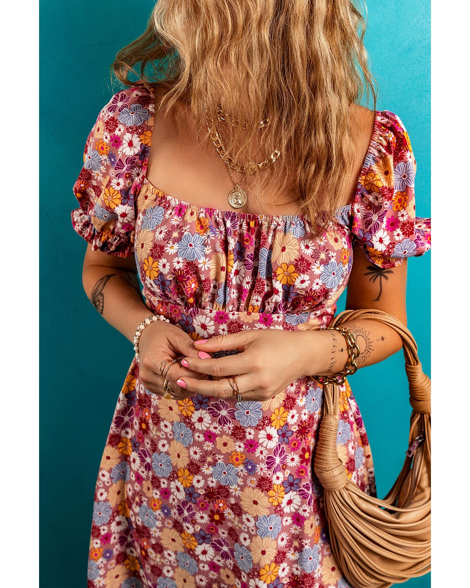 Red Floral Puff Sleeve Square Neck Knot Open Back Mini Dress - M