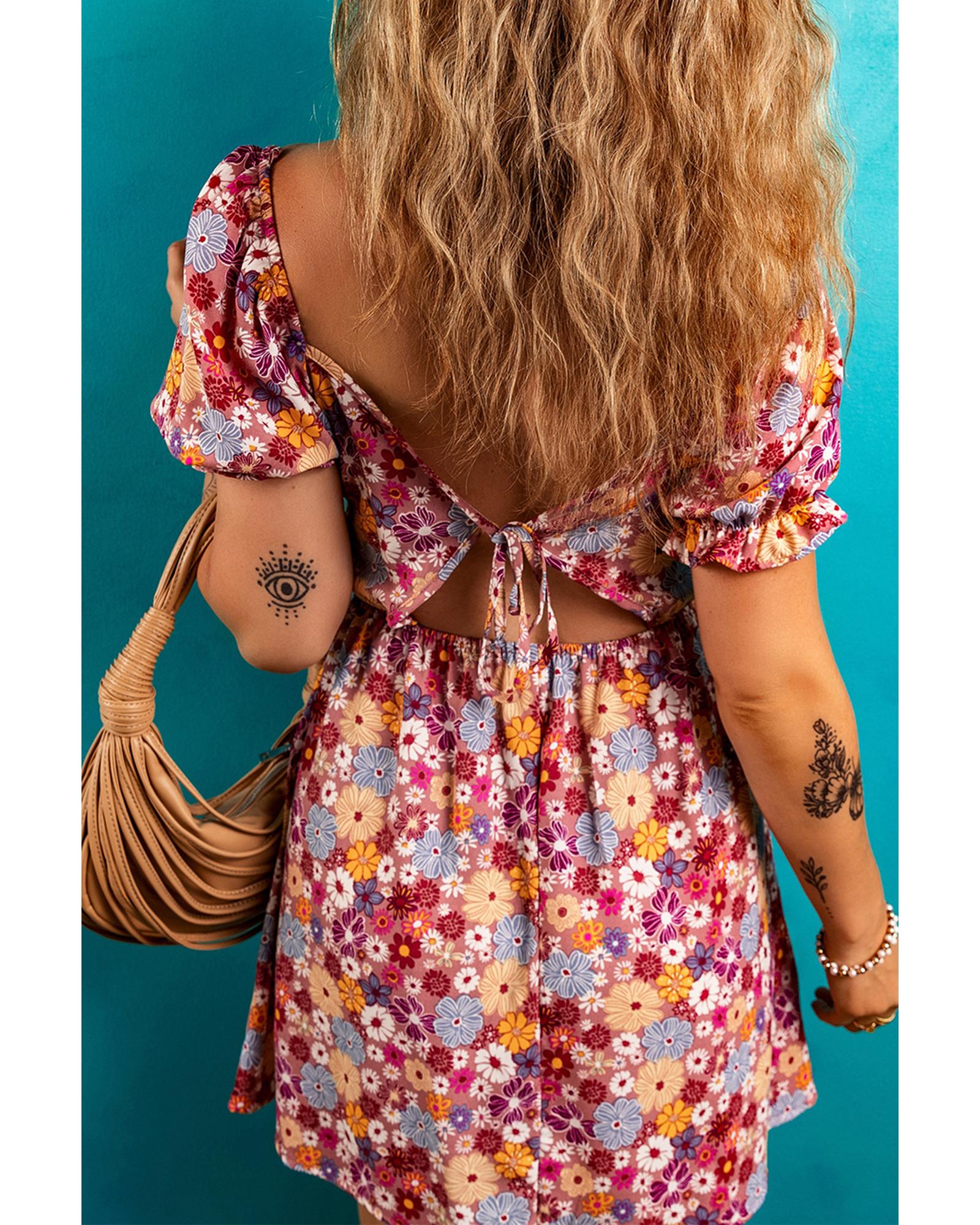Red Floral Puff Sleeve Square Neck Knot Open Back Mini Dress - M