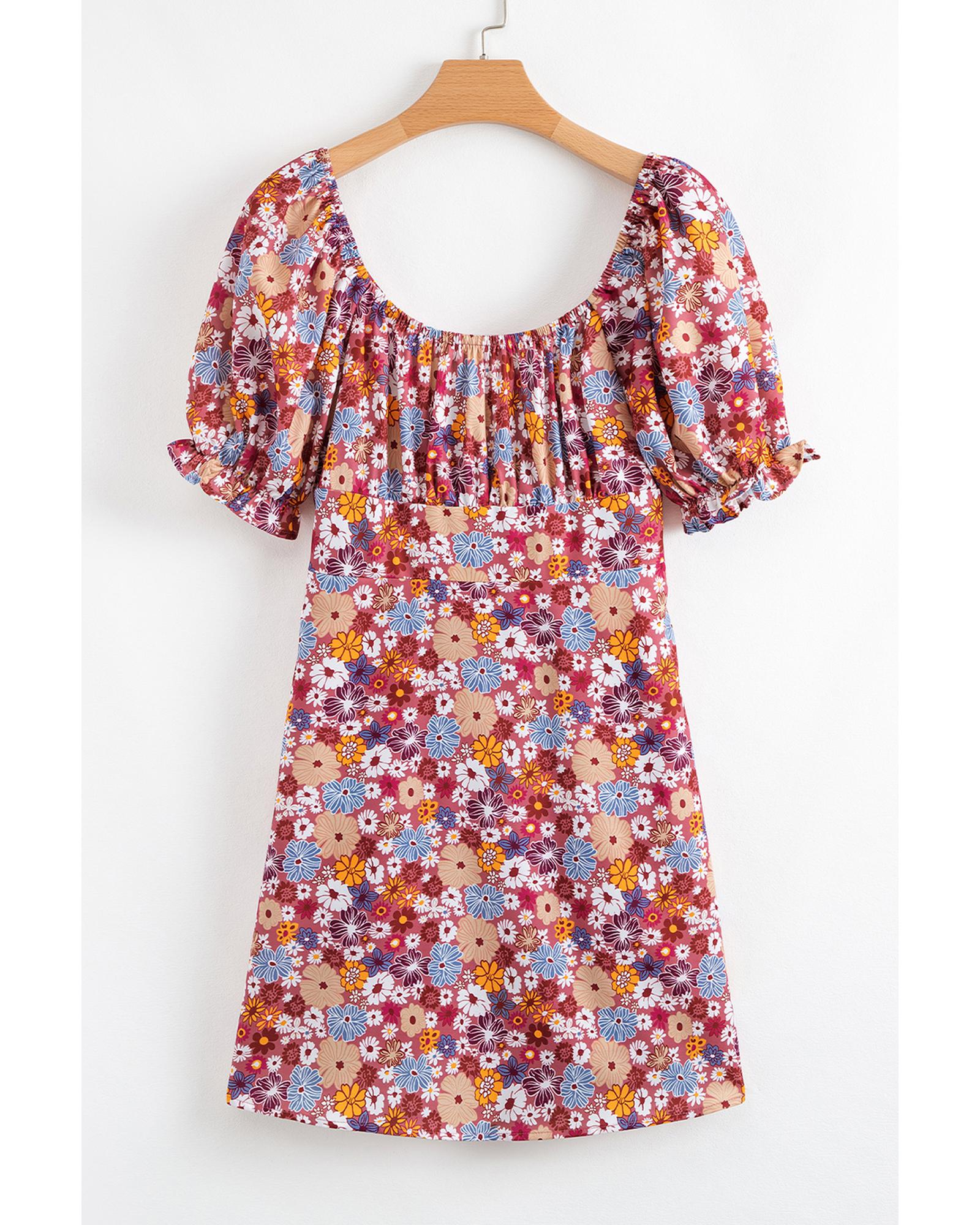 Red Floral Puff Sleeve Square Neck Knot Open Back Mini Dress - M