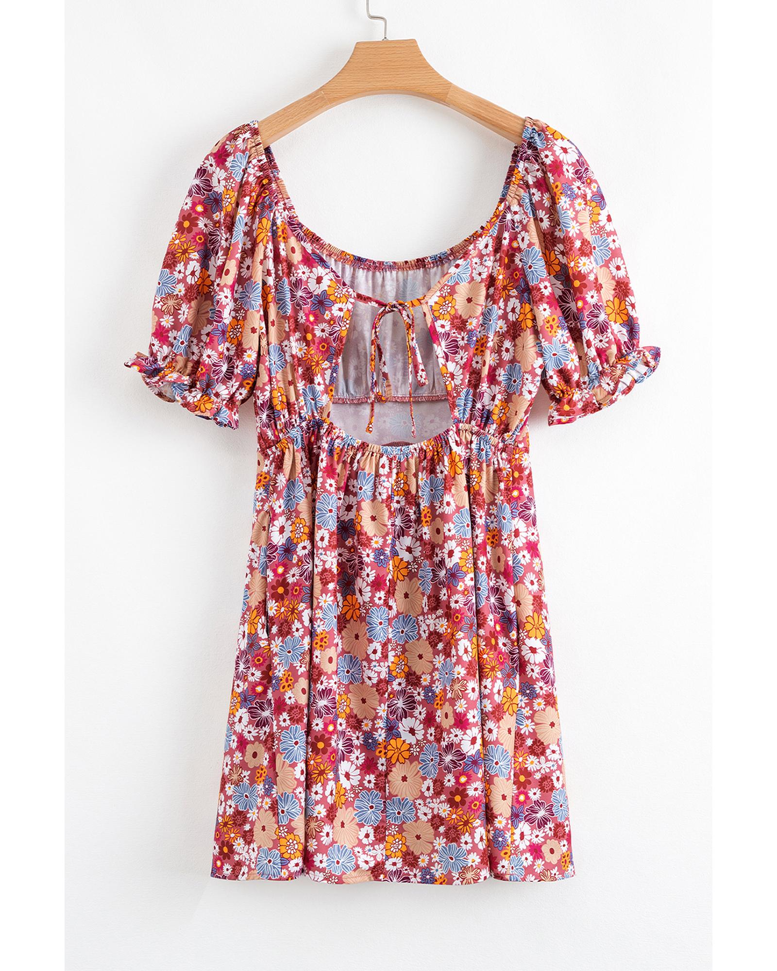 Red Floral Puff Sleeve Square Neck Knot Open Back Mini Dress - M