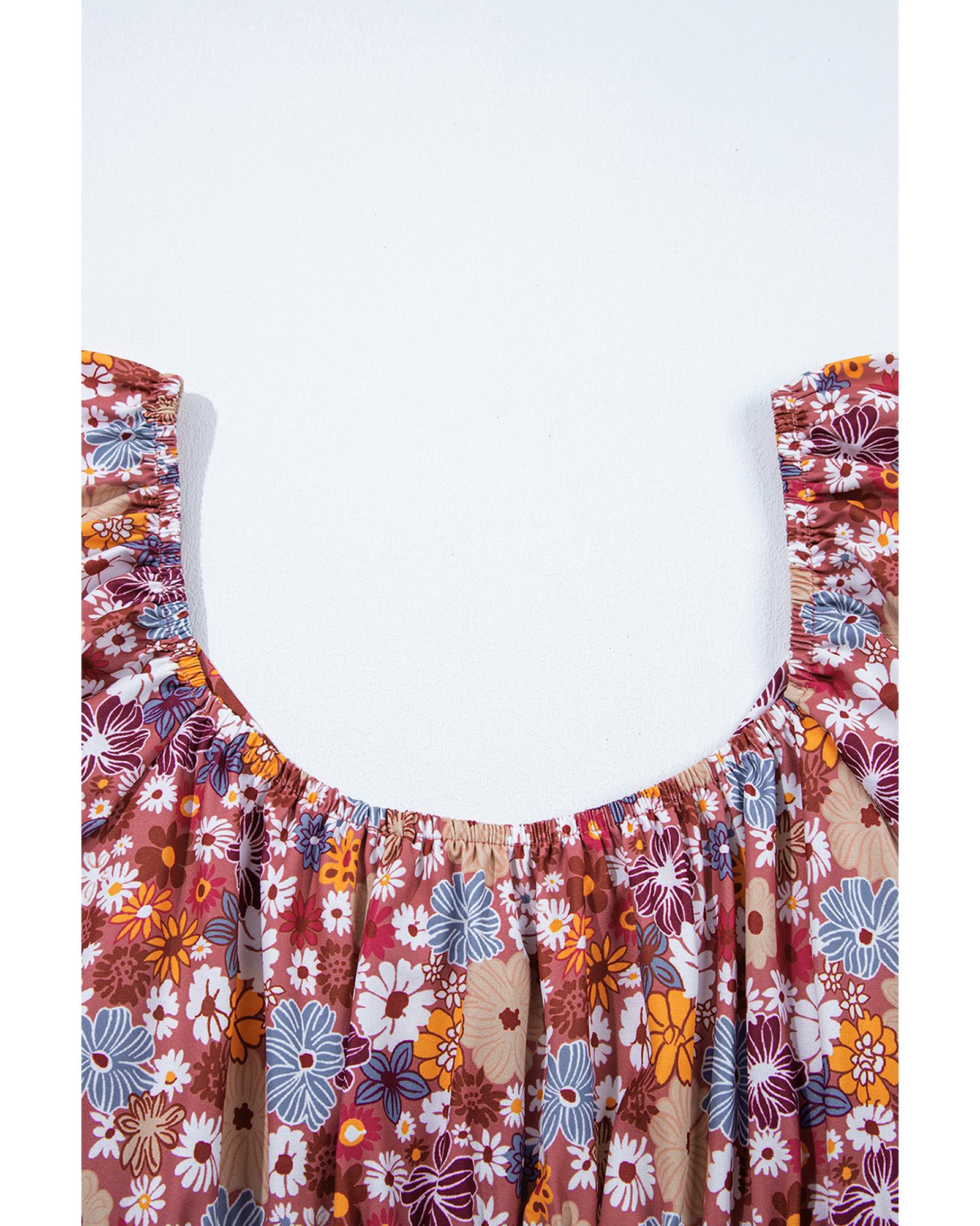 Red Floral Puff Sleeve Square Neck Knot Open Back Mini Dress - M