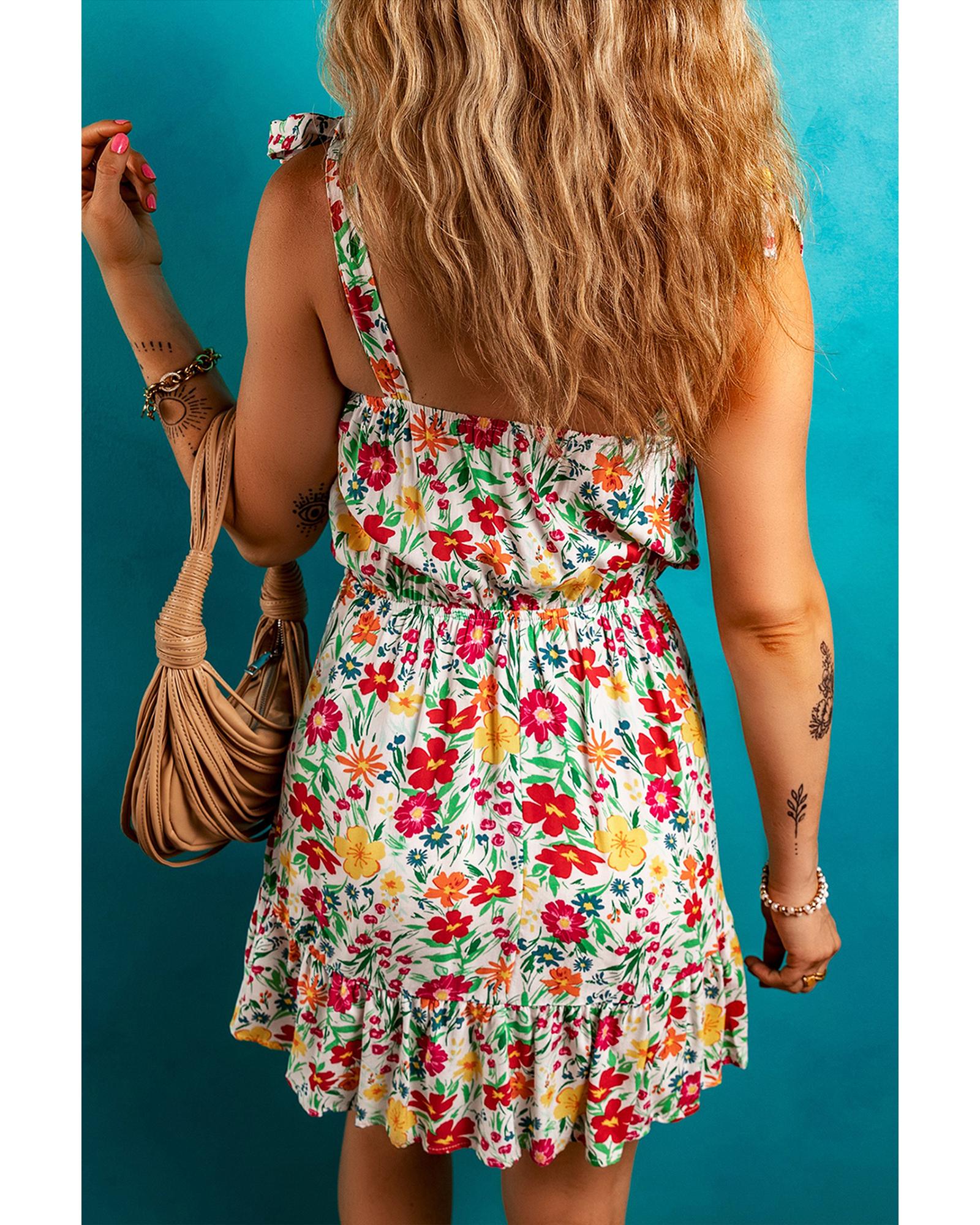 Red Floral Knotted Straps Cinched Waist Ruffle Hem Mini Dress - XL