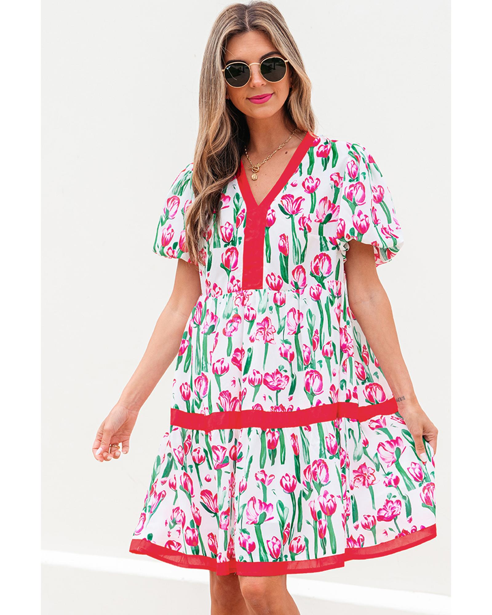 Pink Floral Print Contrast Trim V Neck Bubble Short Sleeve Babydoll Dress - M