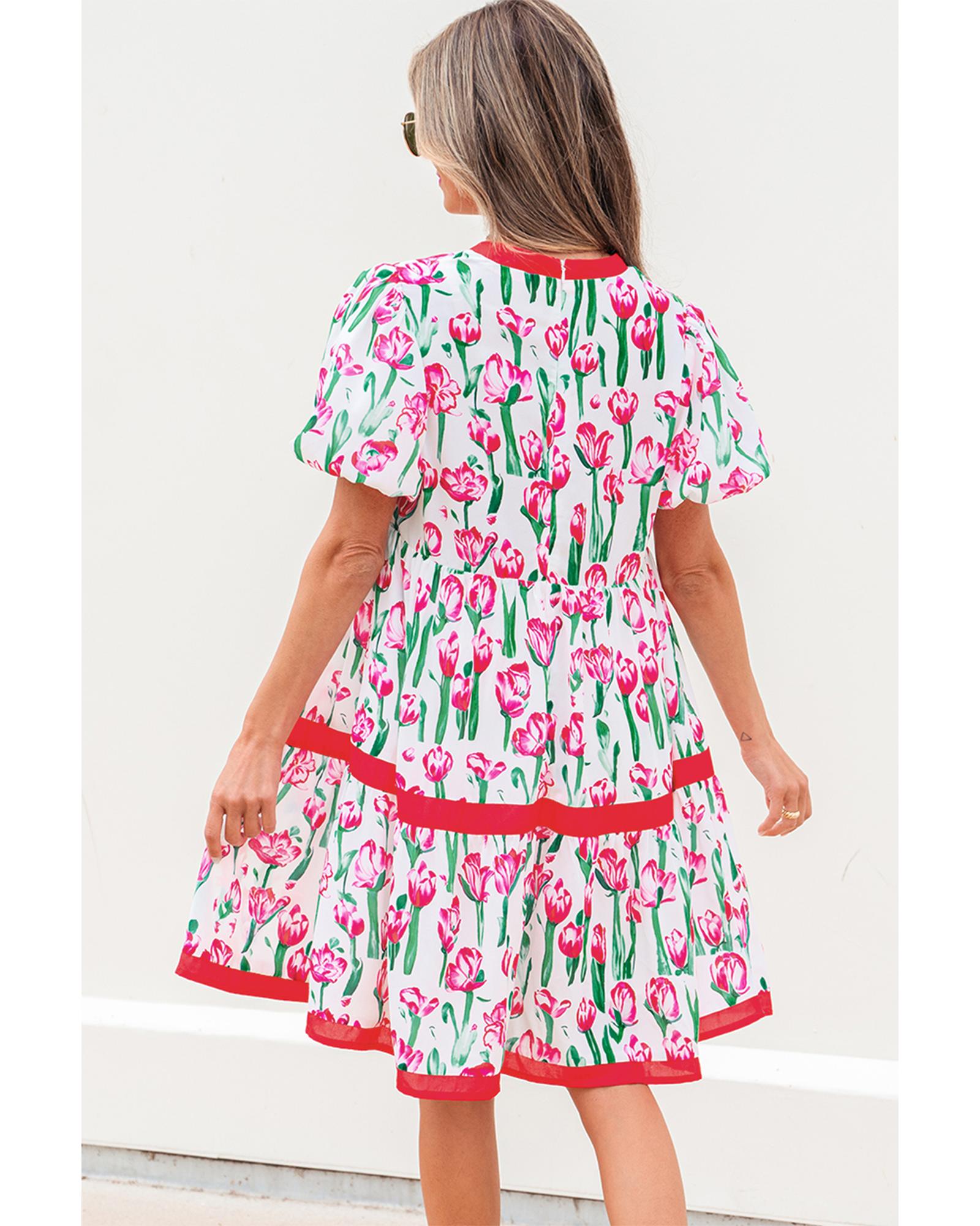 Pink Floral Print Contrast Trim V Neck Bubble Short Sleeve Babydoll Dress - S