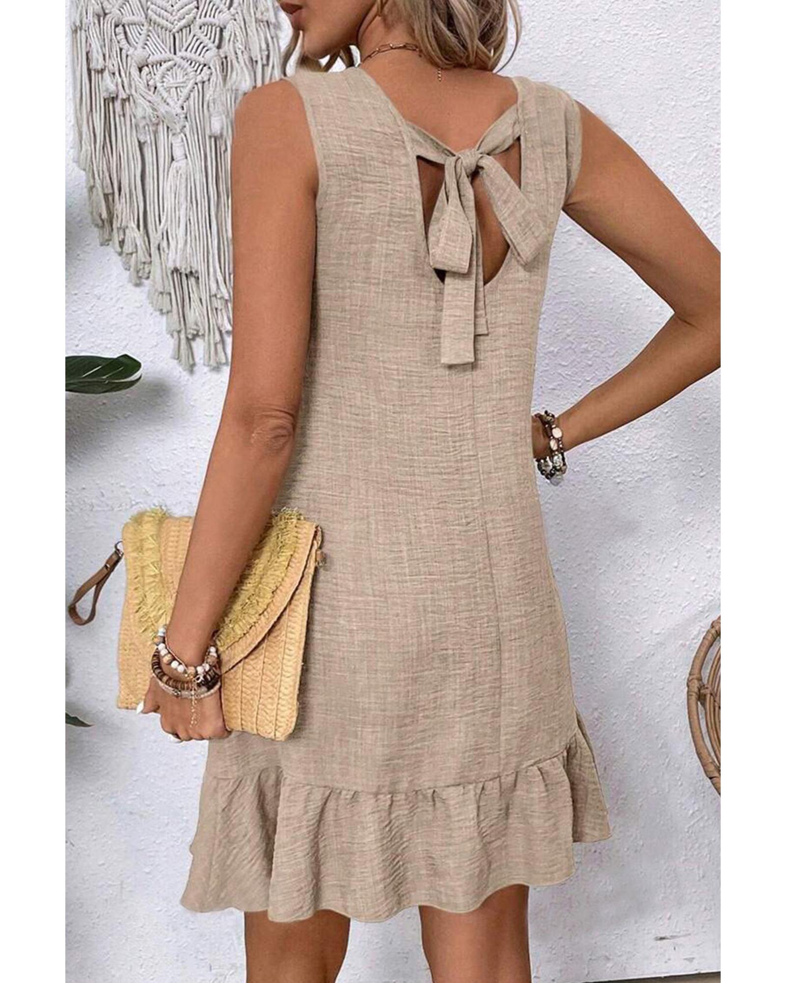 Smoke Gray Knot Scoop Back Ruffle Hem Sleeveless Mini Dress - XL