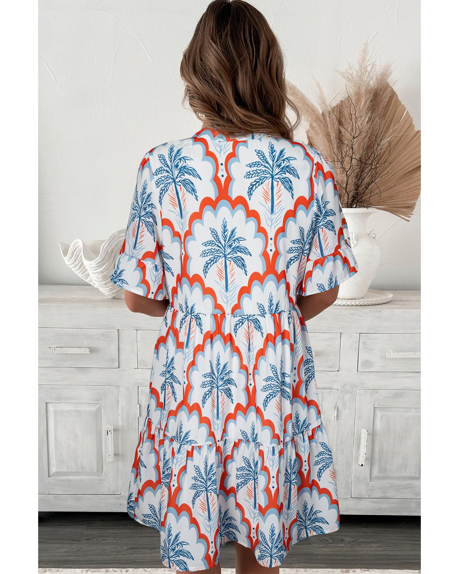 Orange Contrast Palm Tree Printed Short Sleeve Flowy Dress - M
