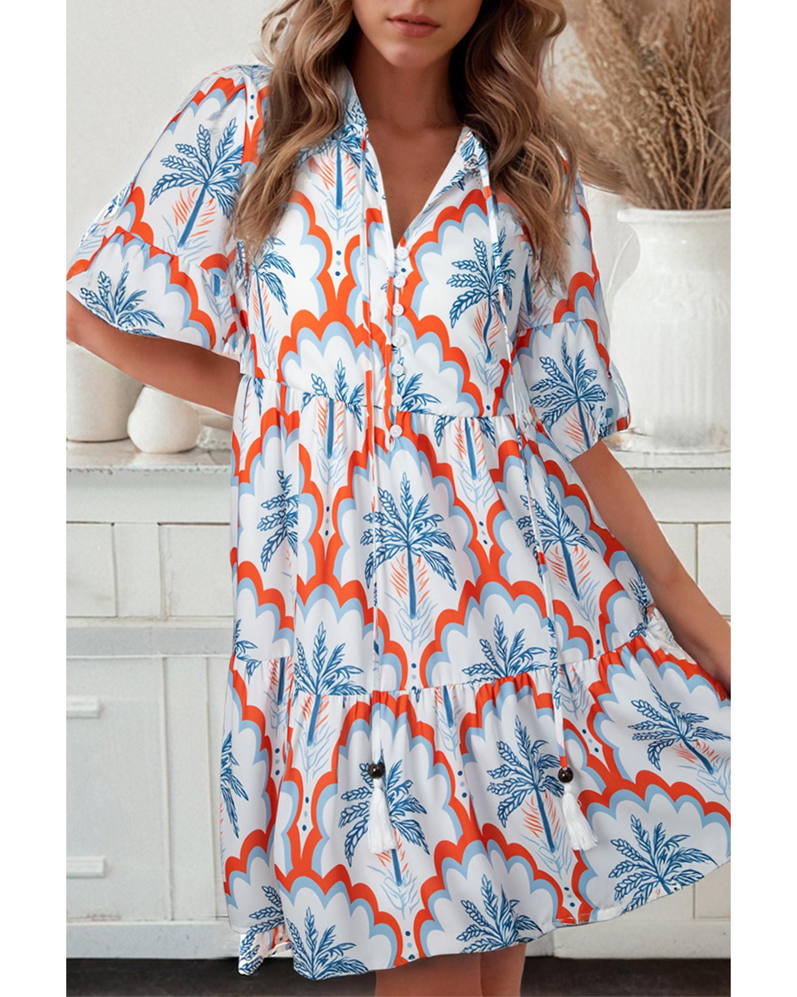 Orange Contrast Palm Tree Printed Short Sleeve Flowy Dress - S