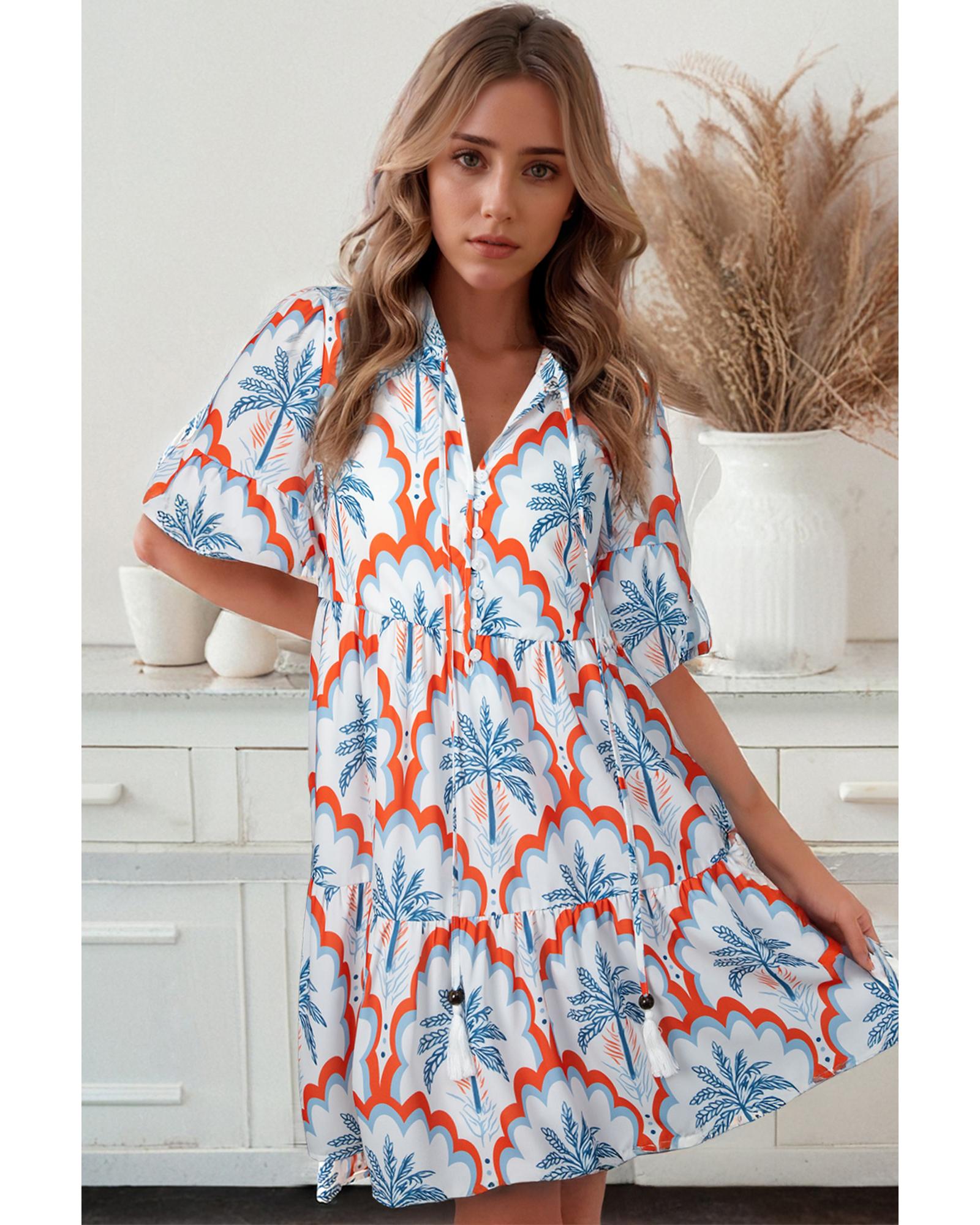 Orange Contrast Palm Tree Printed Short Sleeve Flowy Dress - XL