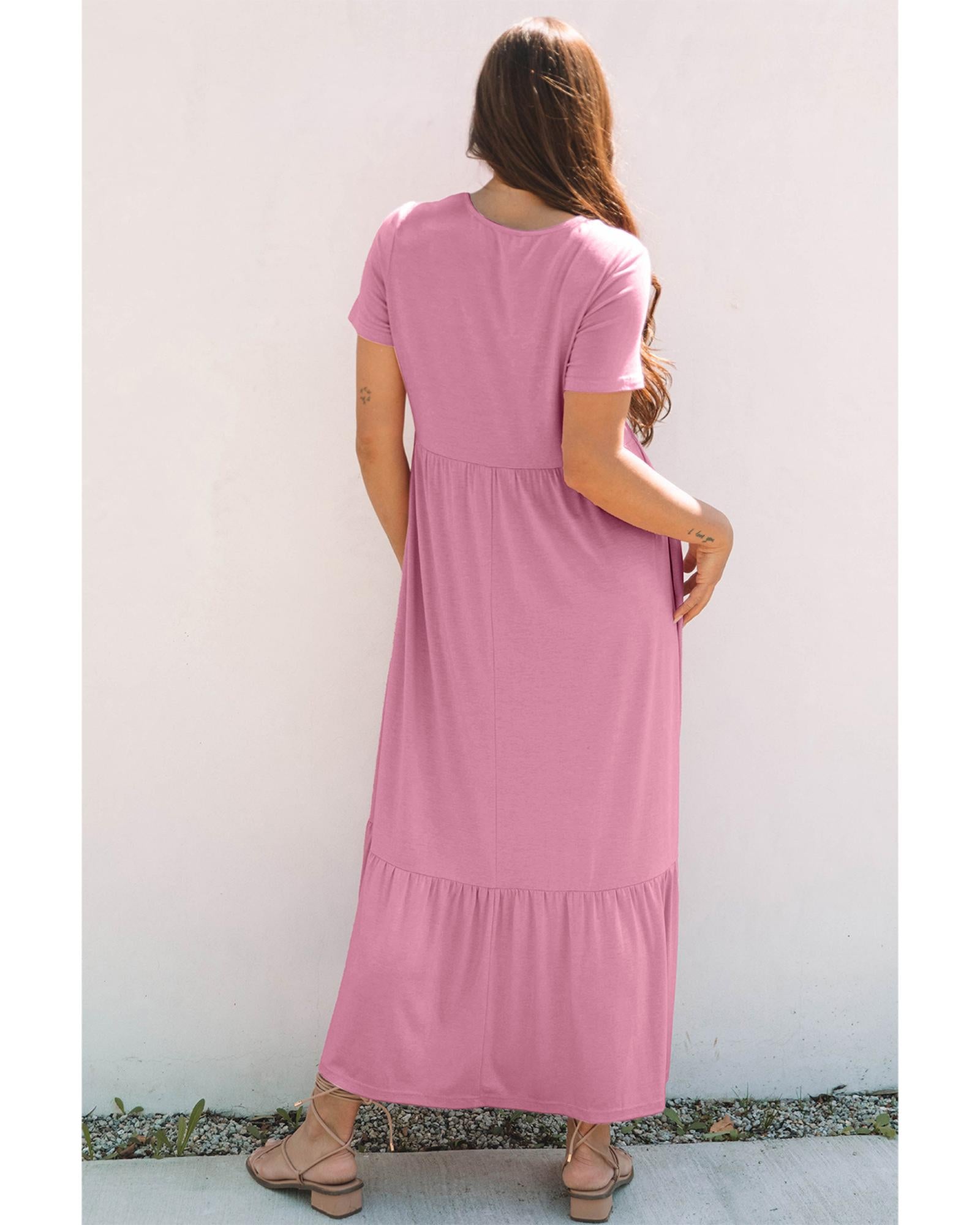 Pink Solid Color T-shirt High Waist Pocketed Long Dress - M