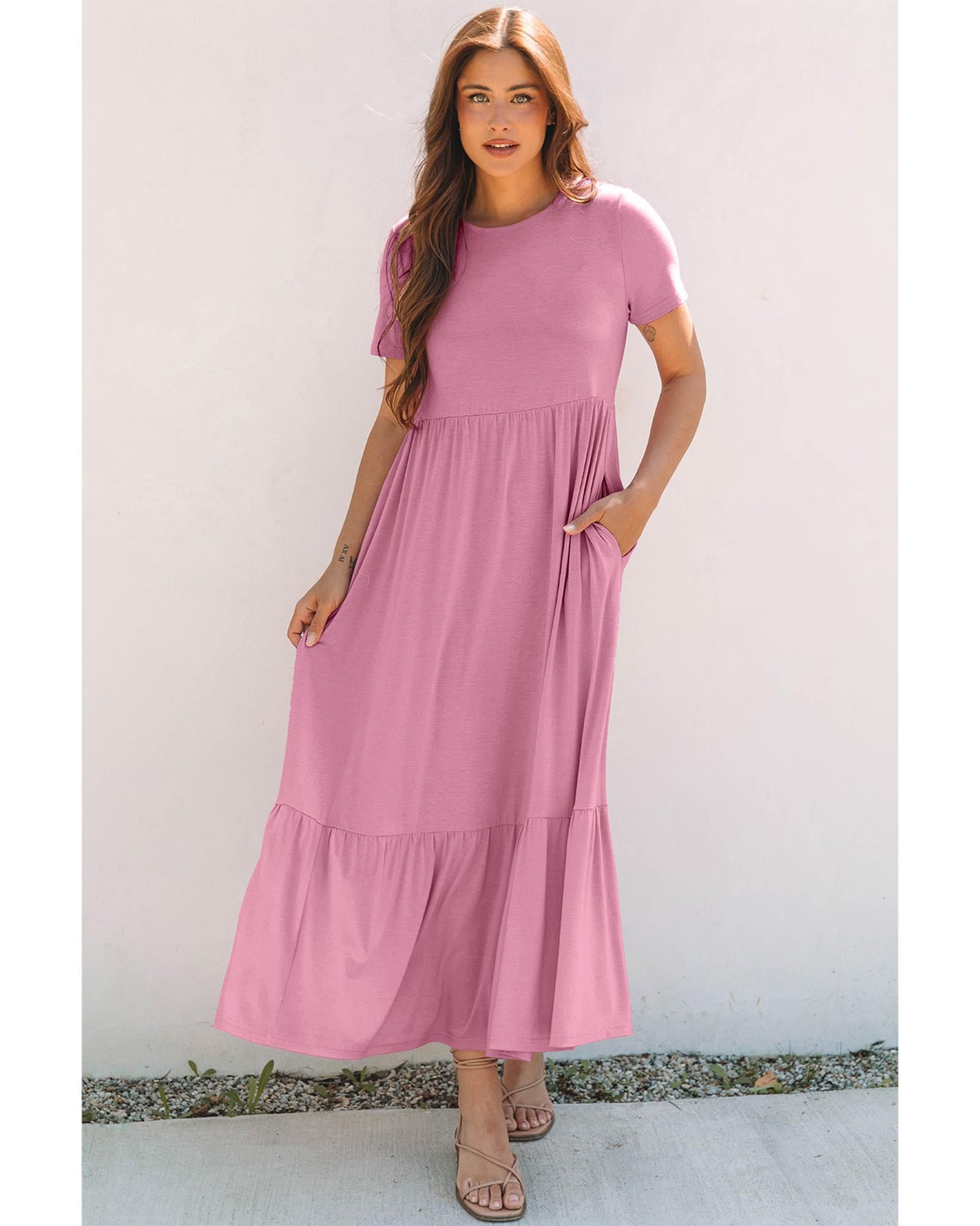 Pink Solid Color T-shirt High Waist Pocketed Long Dress - S