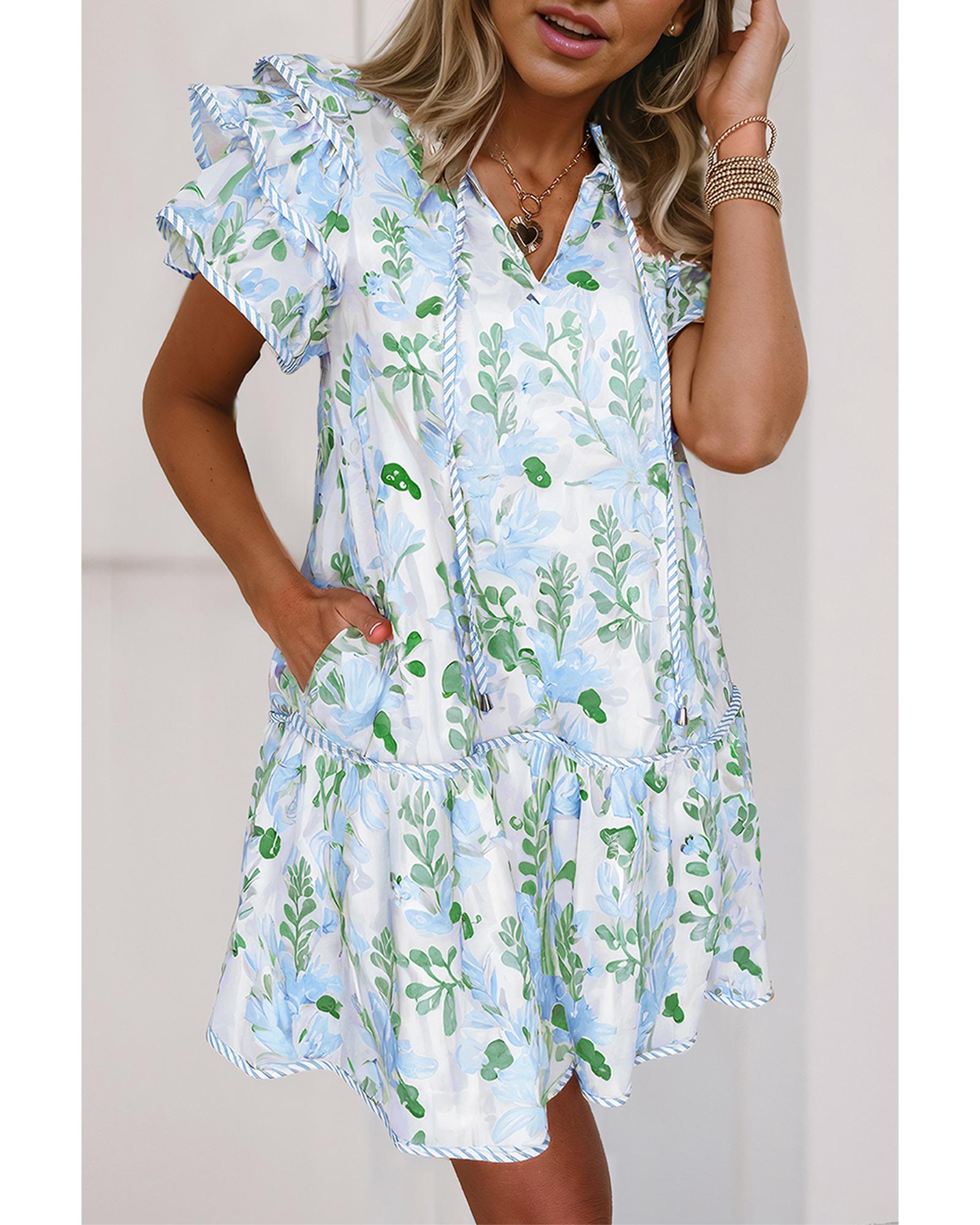 Sky Blue Floral Contrast Edge Layered Short Sleeve Mini Dress - S