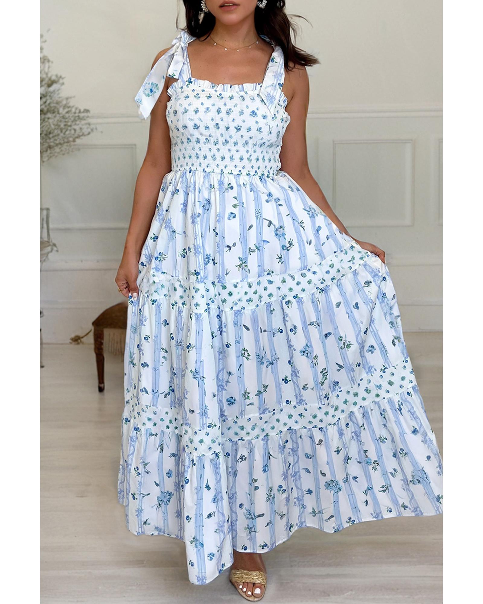 Sky Blue Floral Smocked Tied Straps A-Lined Tiered Maxi Dress - M