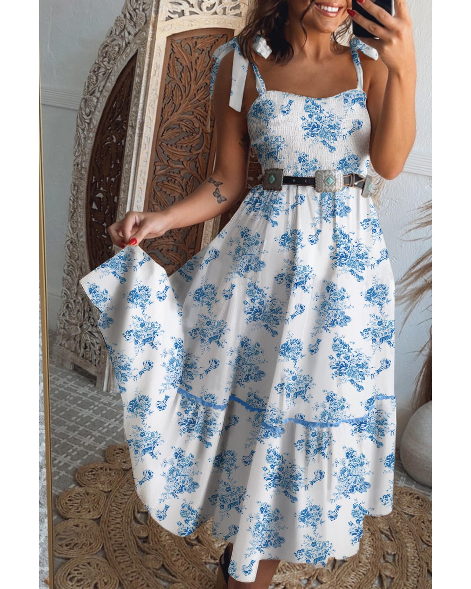 Sky Blue Floral Print Shirred Knot Shoulder Sleeveless Long Dress - L