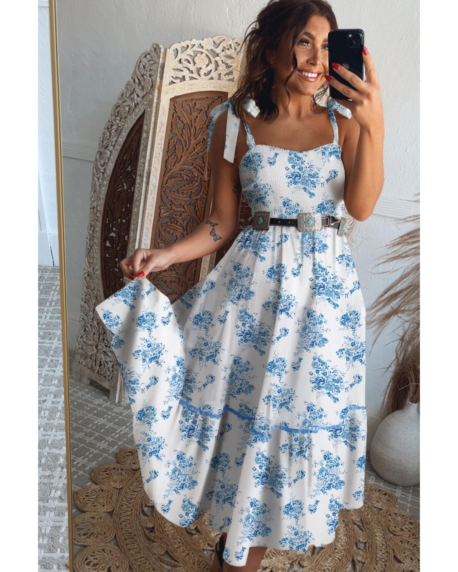 Sky Blue Floral Print Shirred Knot Shoulder Sleeveless Long Dress - M